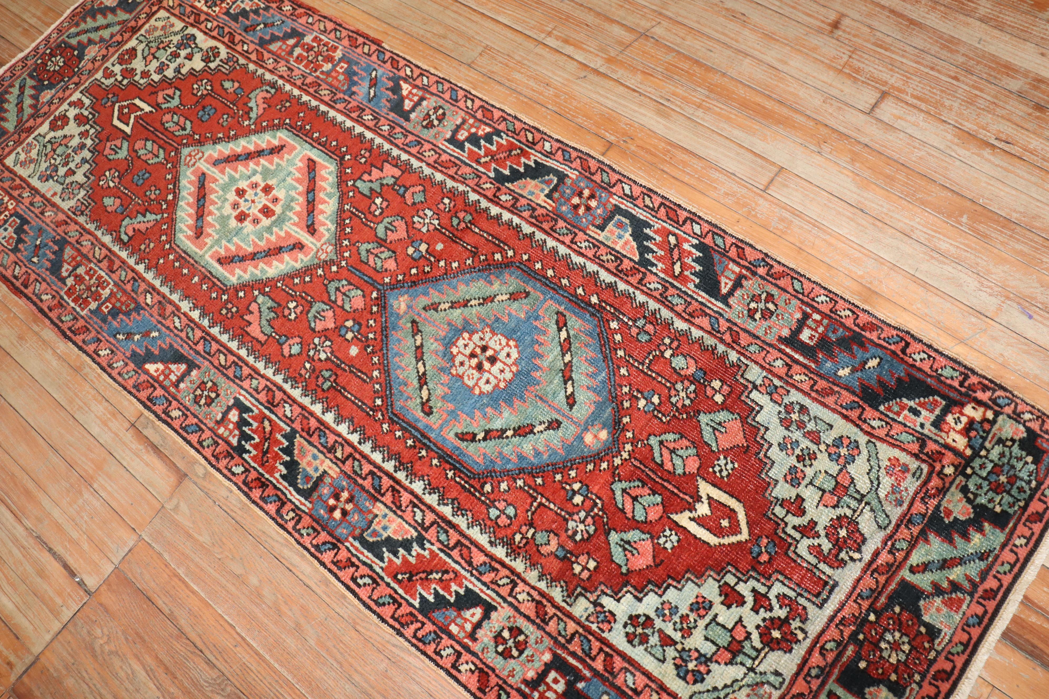 Hand-Woven Zabihi Collection Antique Persian Heriz Small Runner For Sale