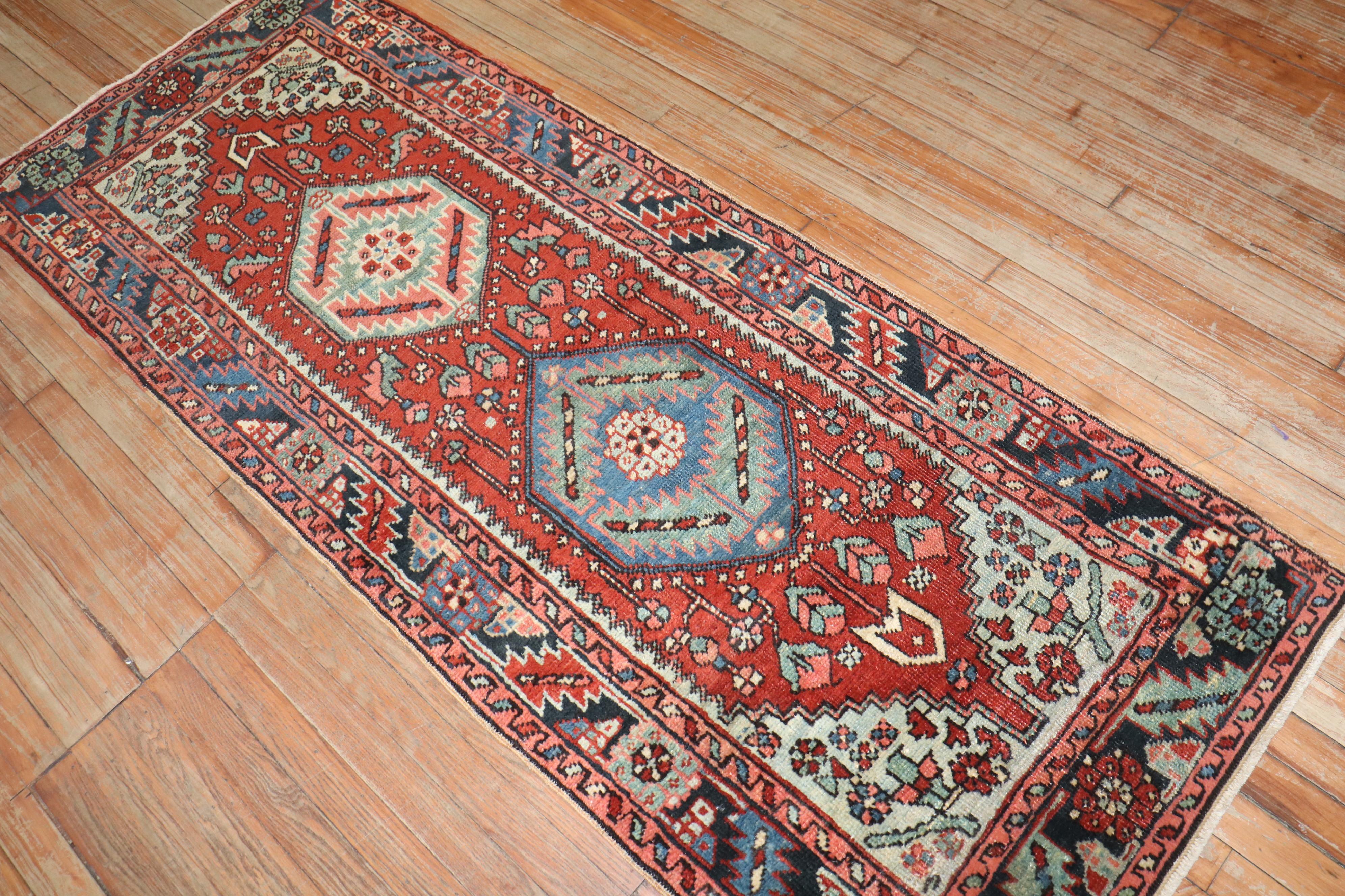 Wool Zabihi Collection Antique Persian Heriz Small Runner For Sale