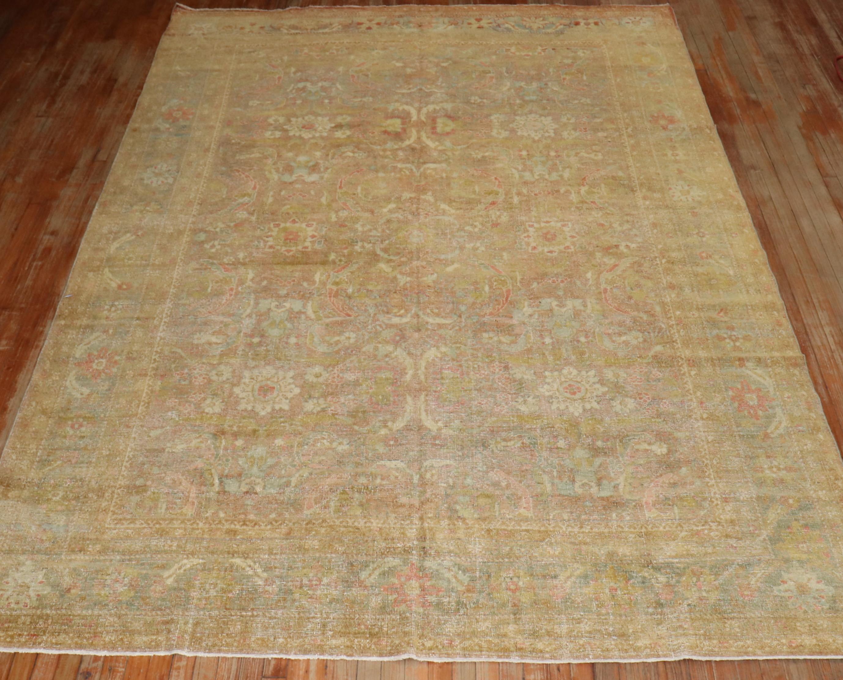 A One of a Kind Antique early 20th century Persian Mahal rug with beautiful Variations in color and design which is often phrased as lazy lines.
Lazy lines are a slanted break in a color and/or in the design elements of a rug intended by the weaver