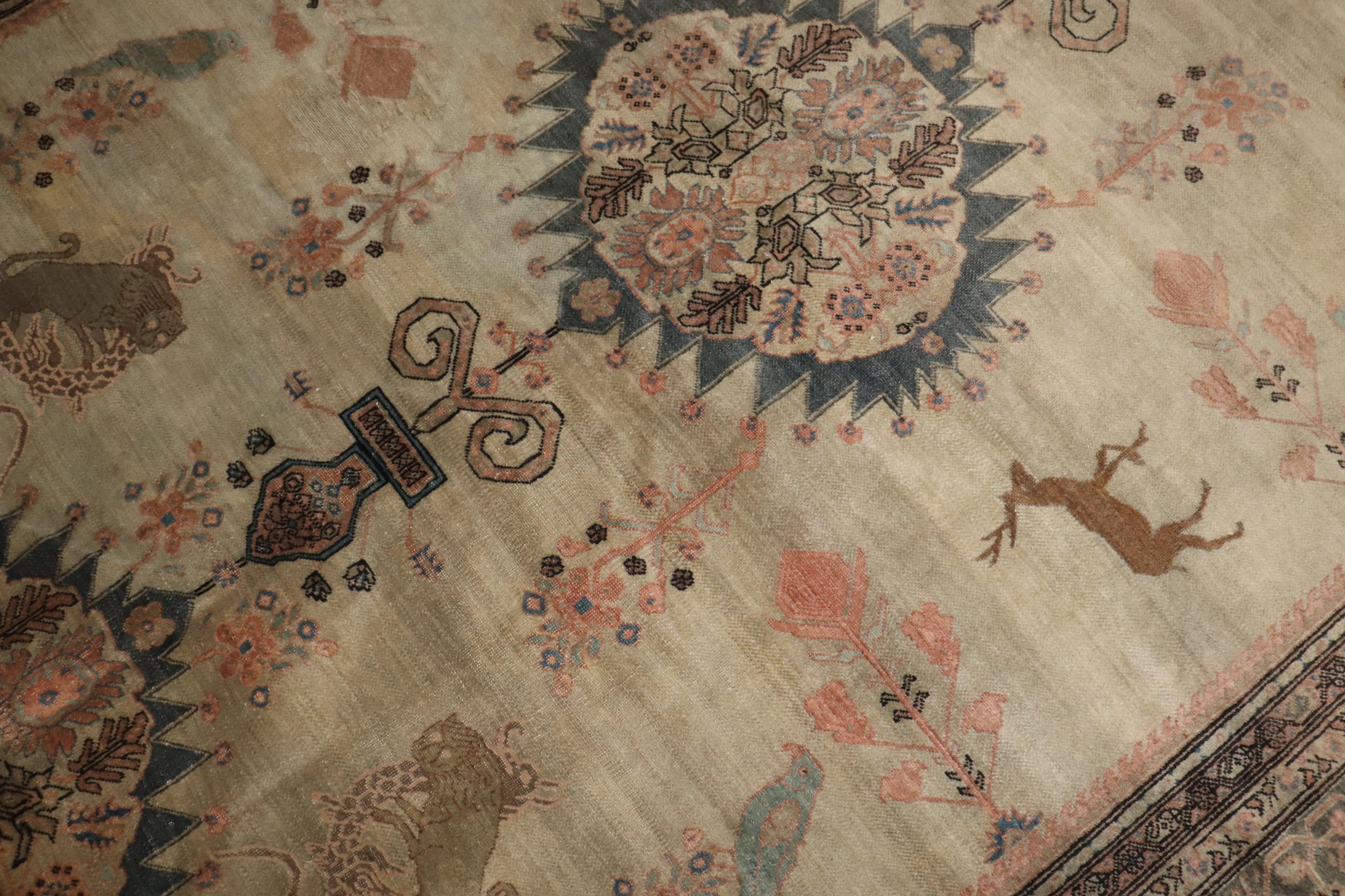 Neoclassical Zabihi Collection Antique Persian Sarouk Ferehan Pictorial Animal Rug