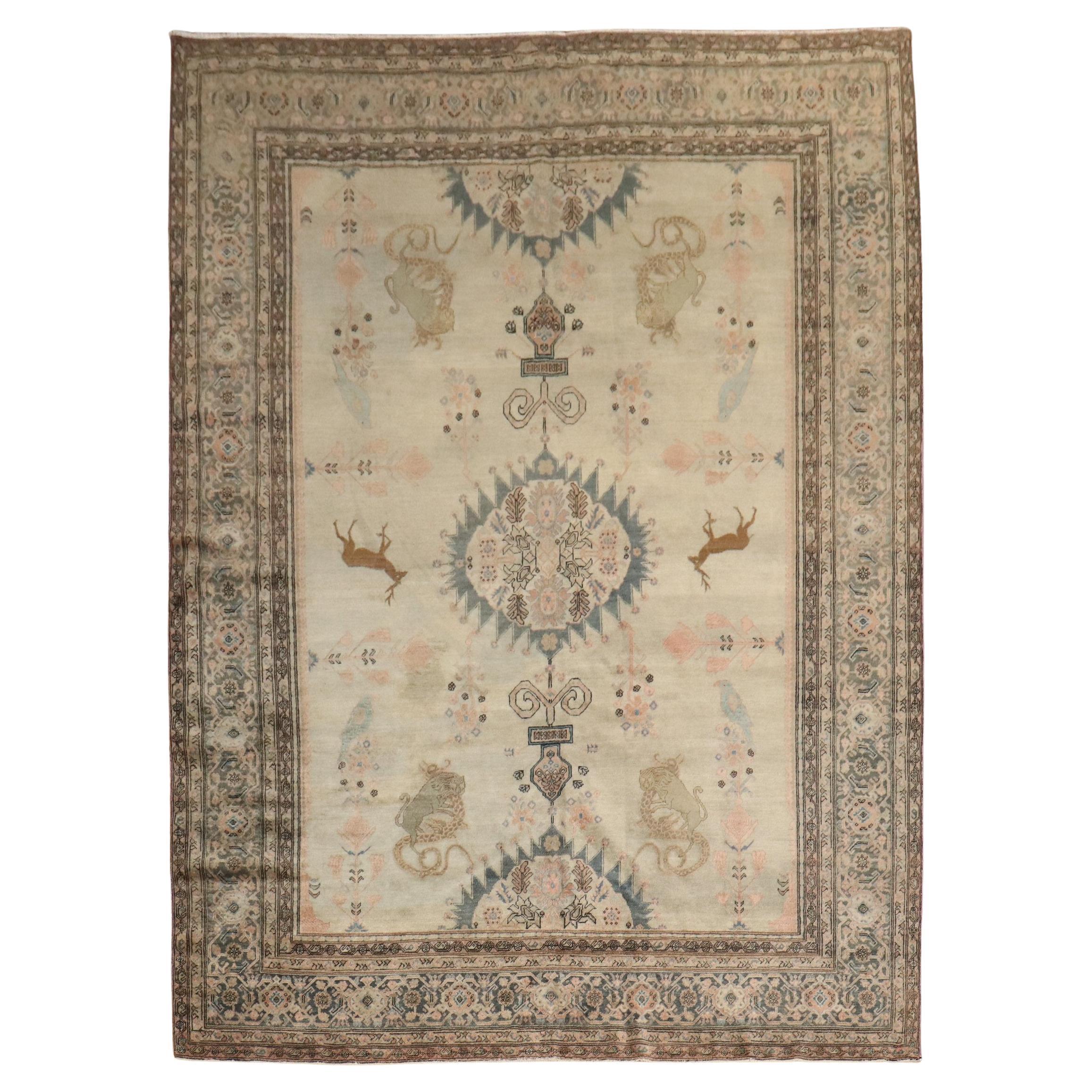 Zabihi Collection Antique Persian Sarouk Ferehan Pictorial Animal Rug For Sale