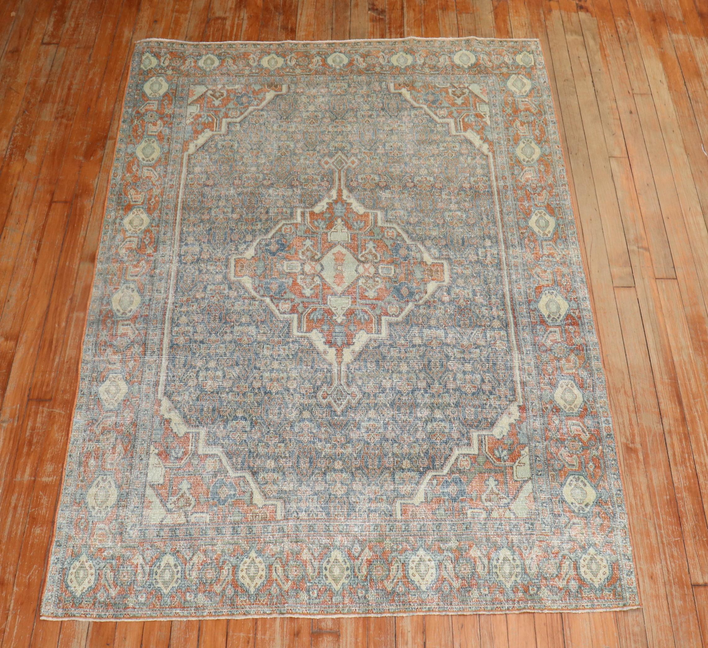 Wool Zabihi Collection Antique Persian Senneh Worn Accent Size Rug For Sale