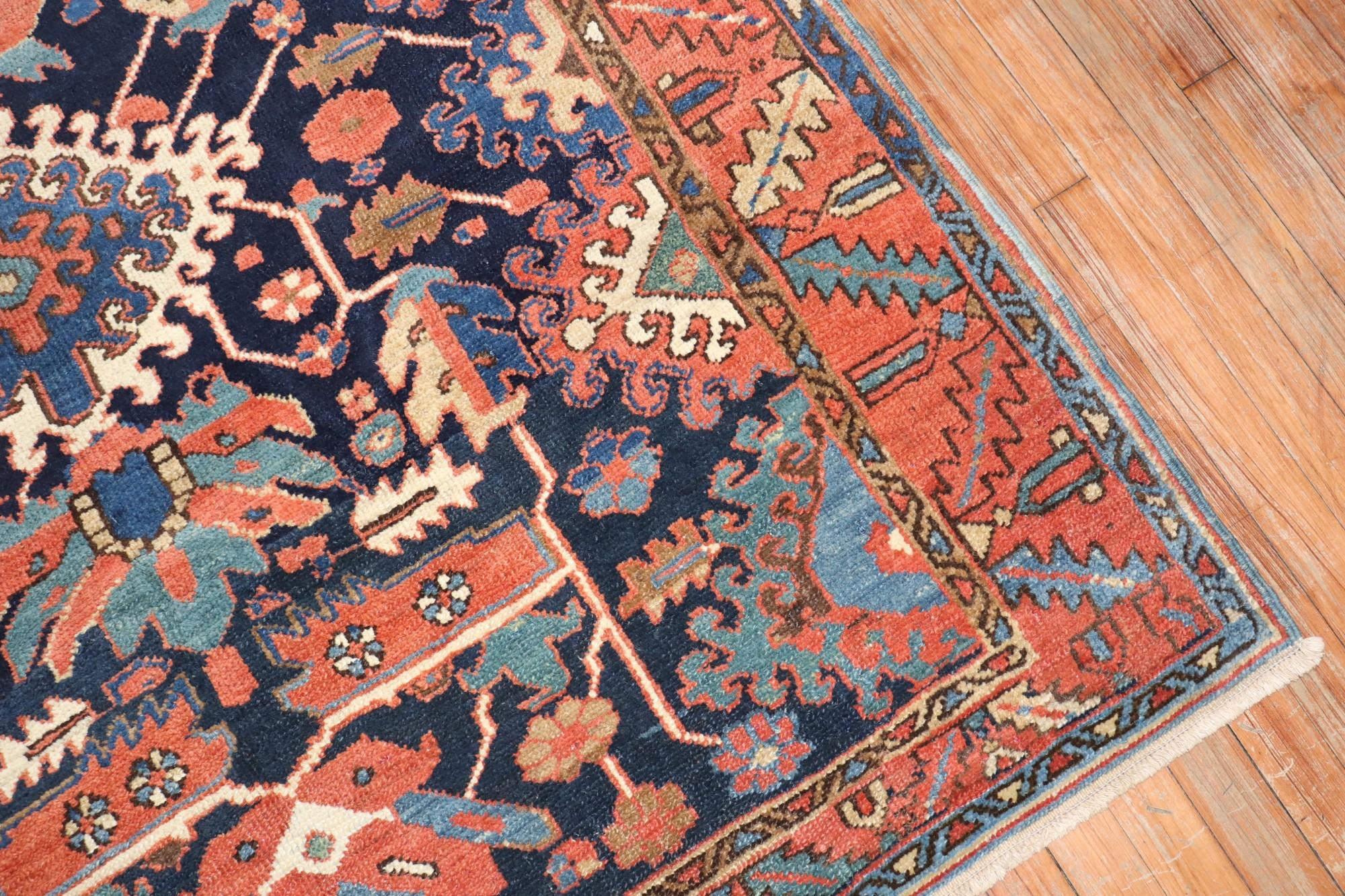 Zabihi Collection Antique Persian Square Navy Geometric Heriz Rug For Sale 1