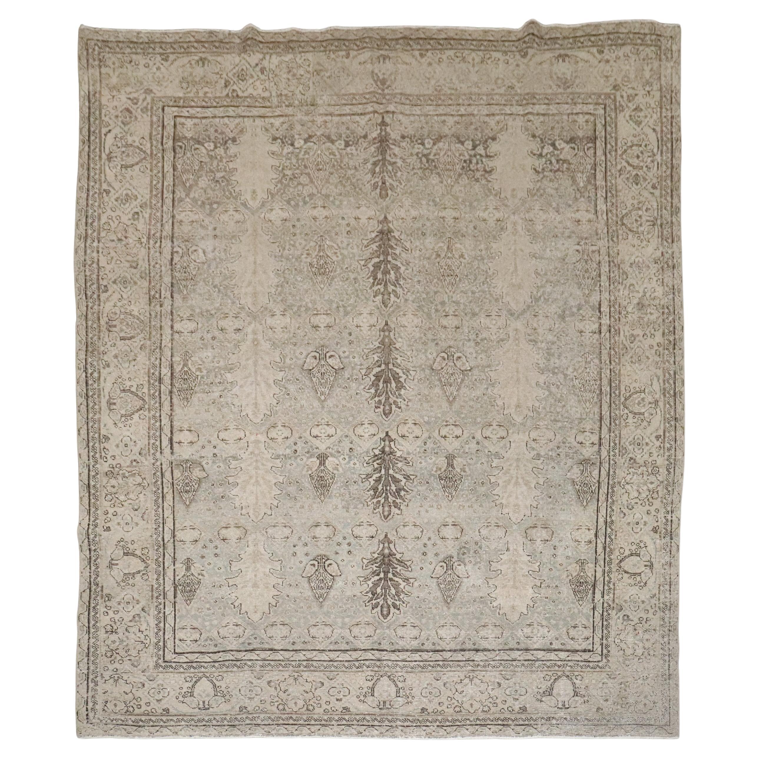Zabihi Collection Antique Persian Tabriz Botanical Gray Square Rug