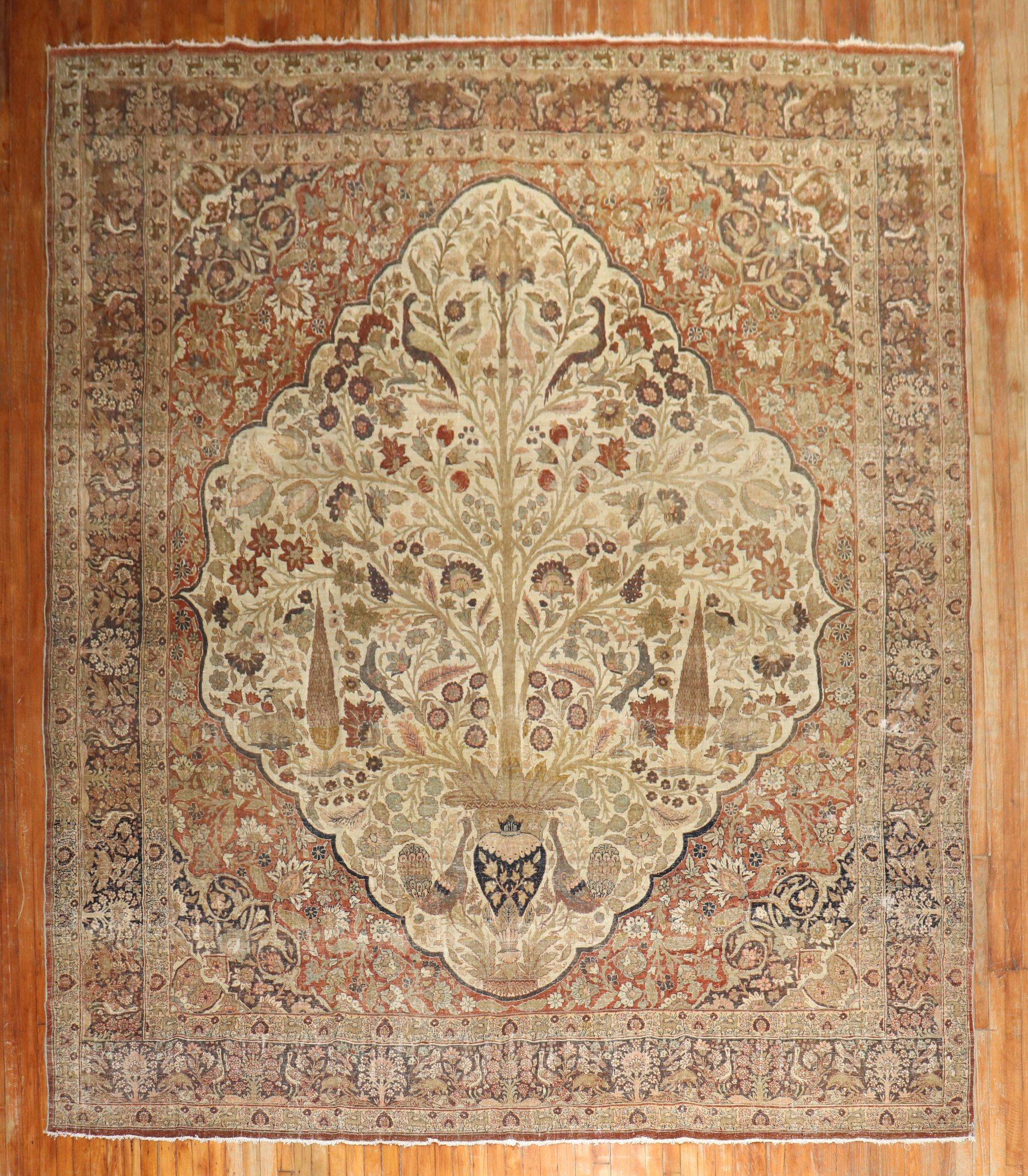 Malayer Zabihi Collection Antique Persian Tabriz Worn Rooster Motif Rug For Sale
