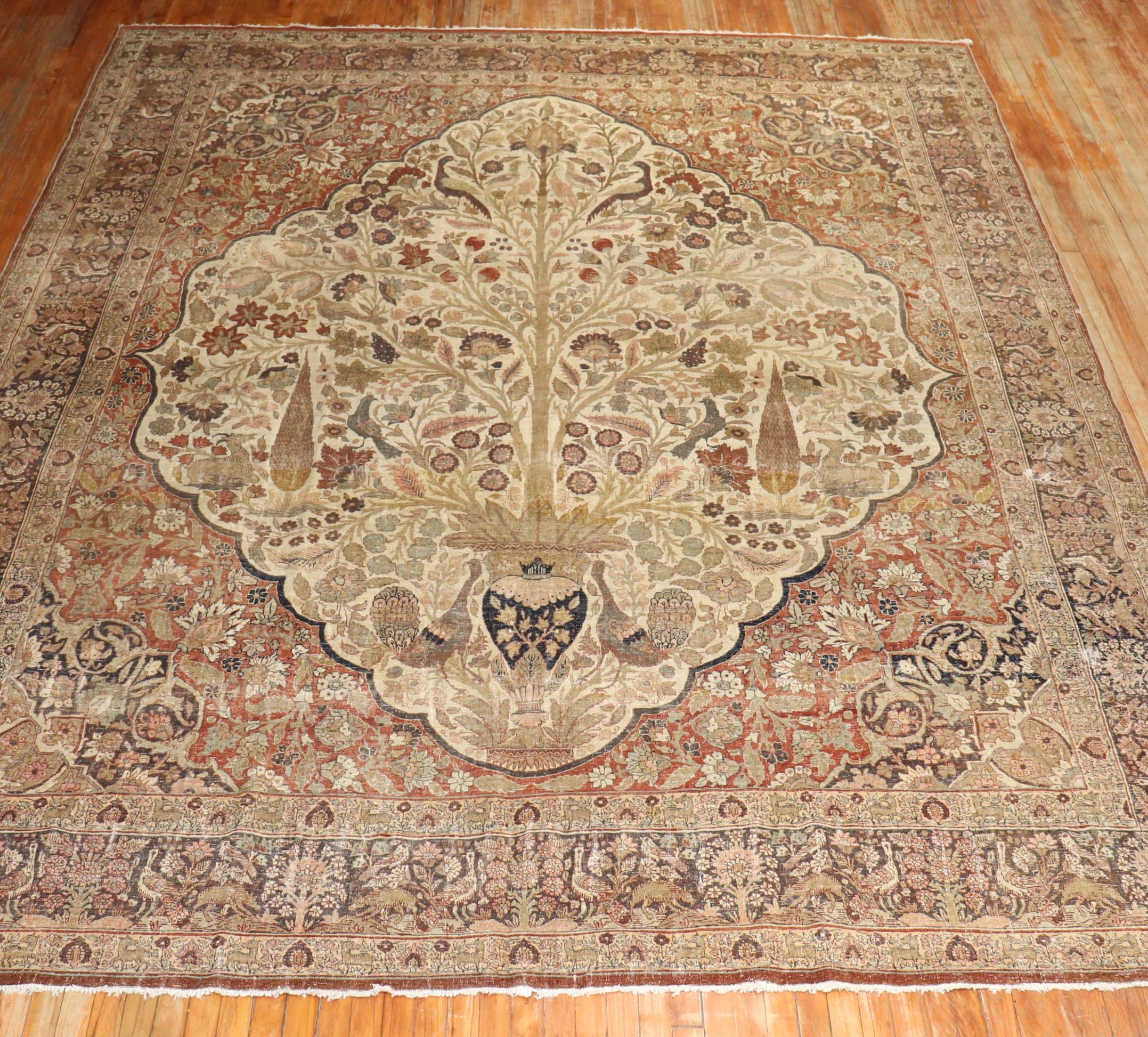 Hand-Knotted Zabihi Collection Antique Persian Tabriz Worn Rooster Motif Rug For Sale