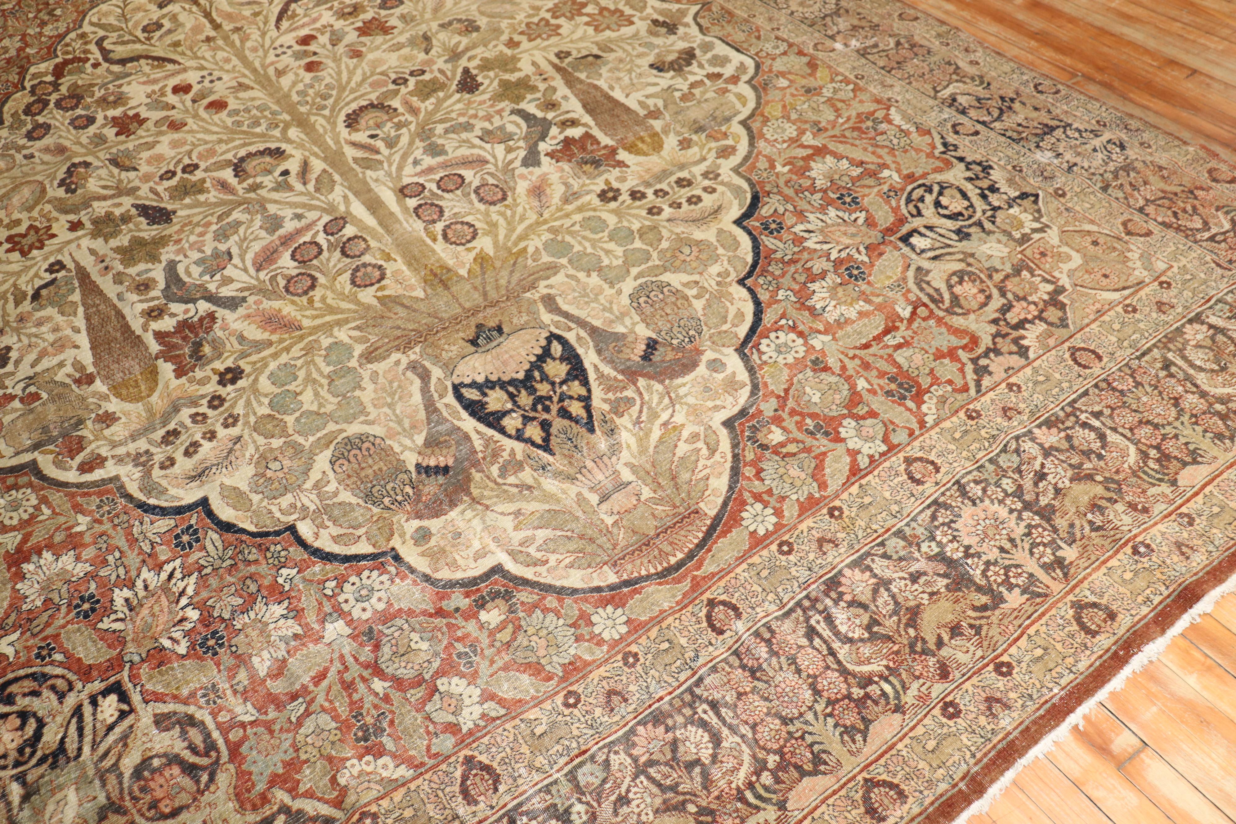 Zabihi Collection Antique Persian Tabriz Worn Rooster Motif Rug In Fair Condition For Sale In New York, NY