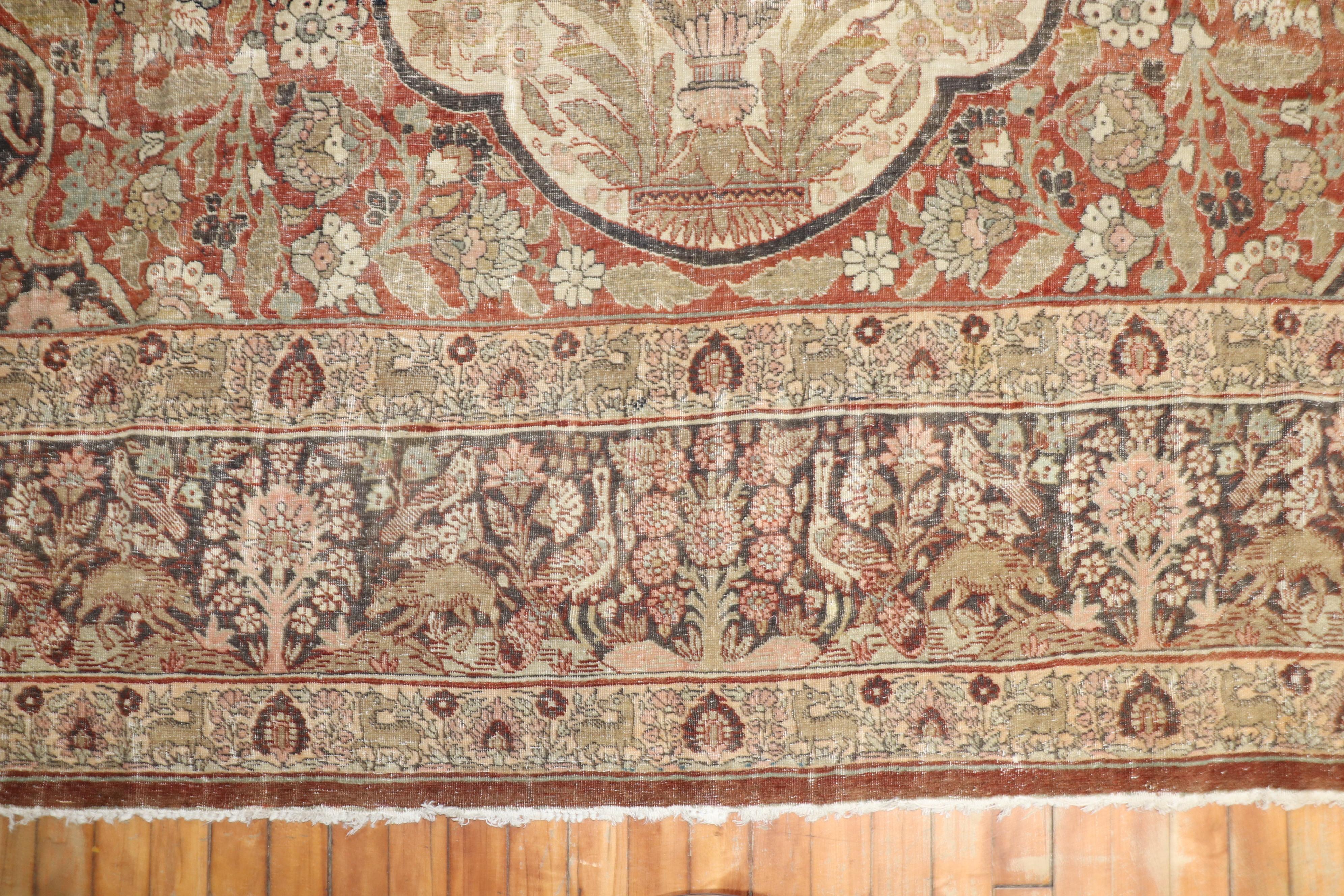Wool Zabihi Collection Antique Persian Tabriz Worn Rooster Motif Rug For Sale