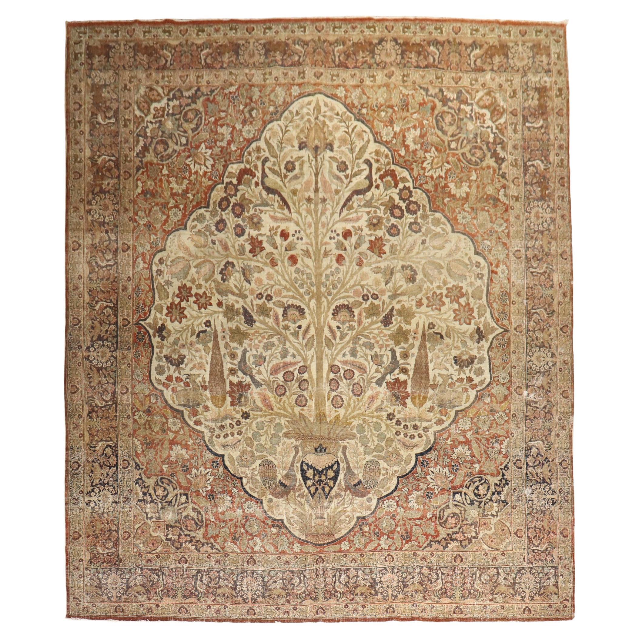 Zabihi Collection Antique Persian Tabriz Worn Rooster Motif Rug For Sale