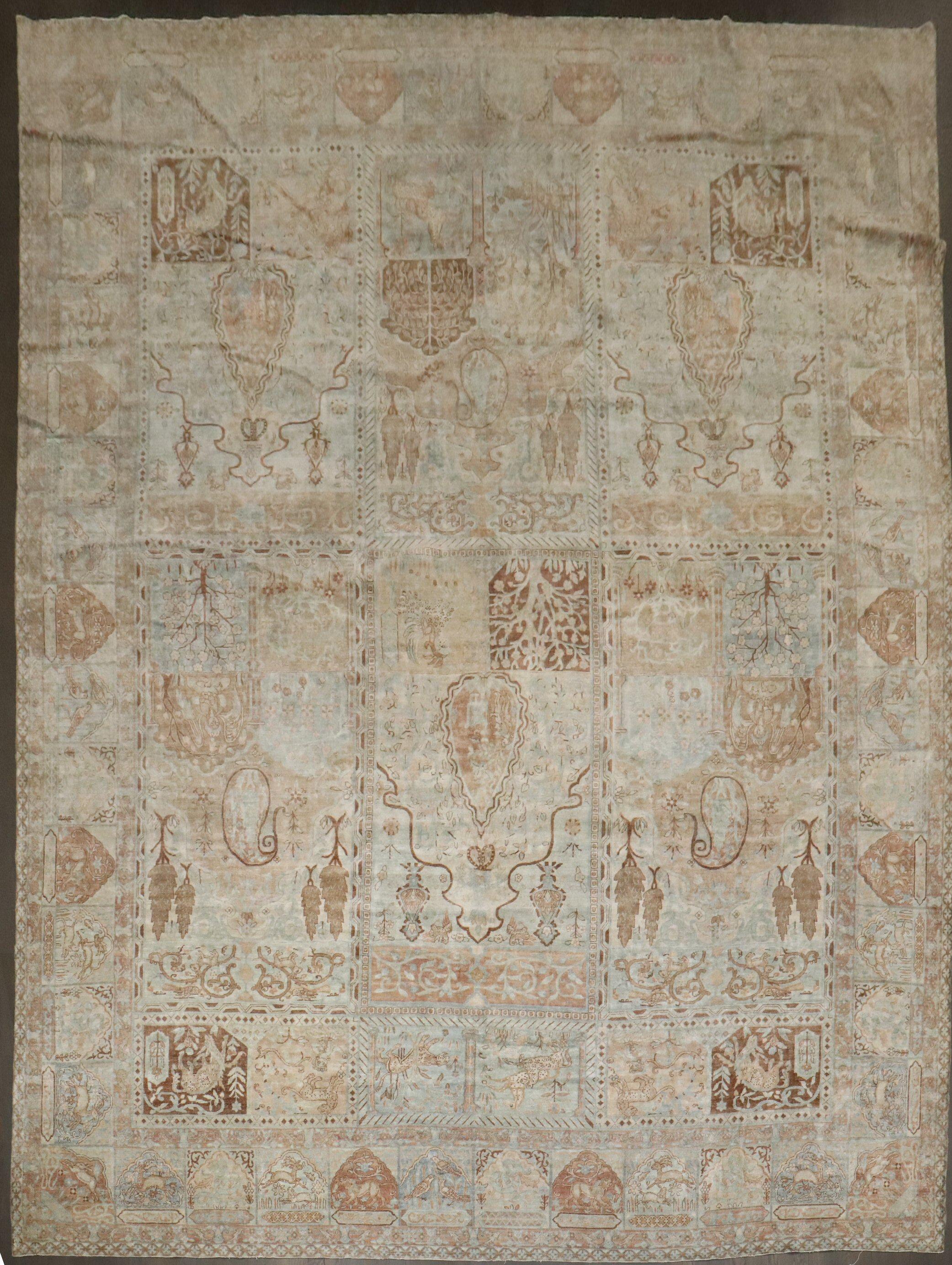 Hand-Knotted Zabihi Collection Antique Pictorial Indian Garden Animal Rug For Sale