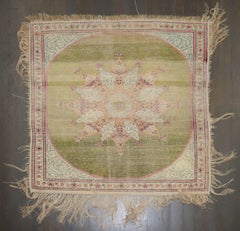 Zabihi Collection Antique Silk Green Turkish Kaysari Small Square Rug