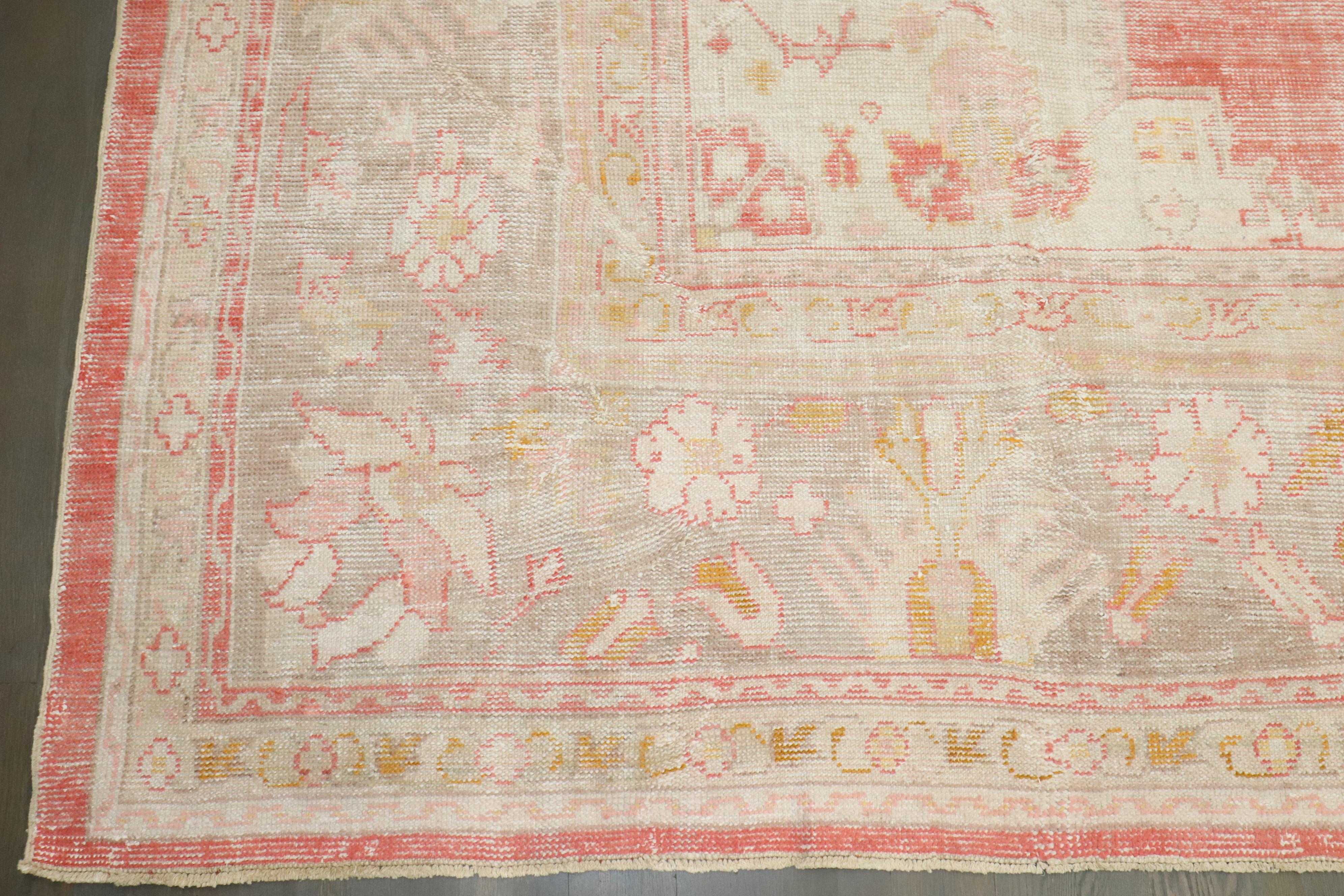 Zabihi Collection Antique Soft Red Ivory Square Oushak Rug For Sale 3