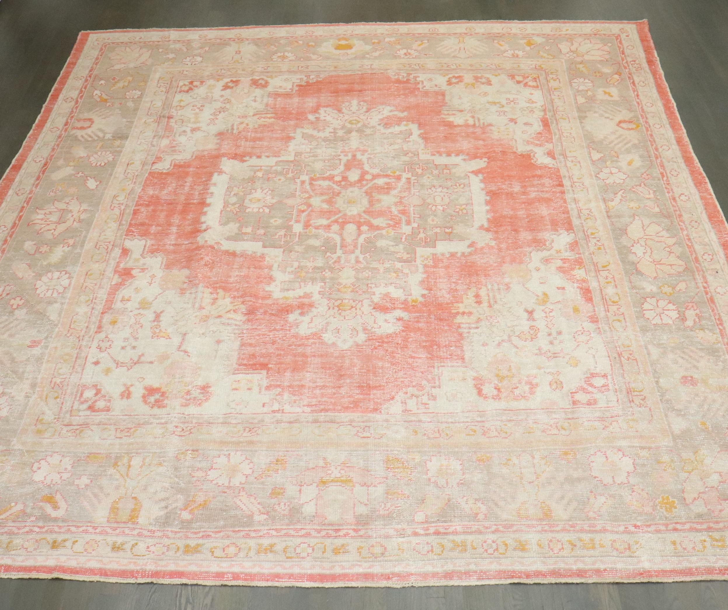 Zabihi Collection Antique Soft Red Ivory Square Oushak Rug For Sale 4