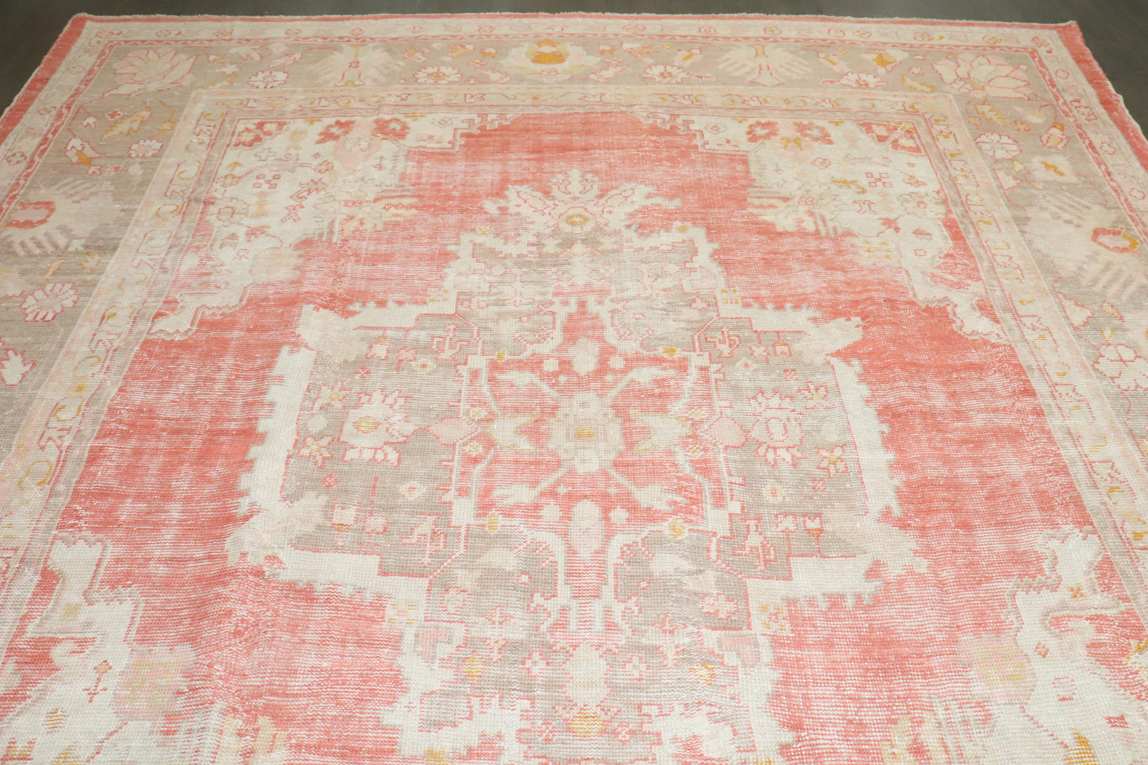 Turkish Zabihi Collection Antique Soft Red Ivory Square Oushak Rug For Sale
