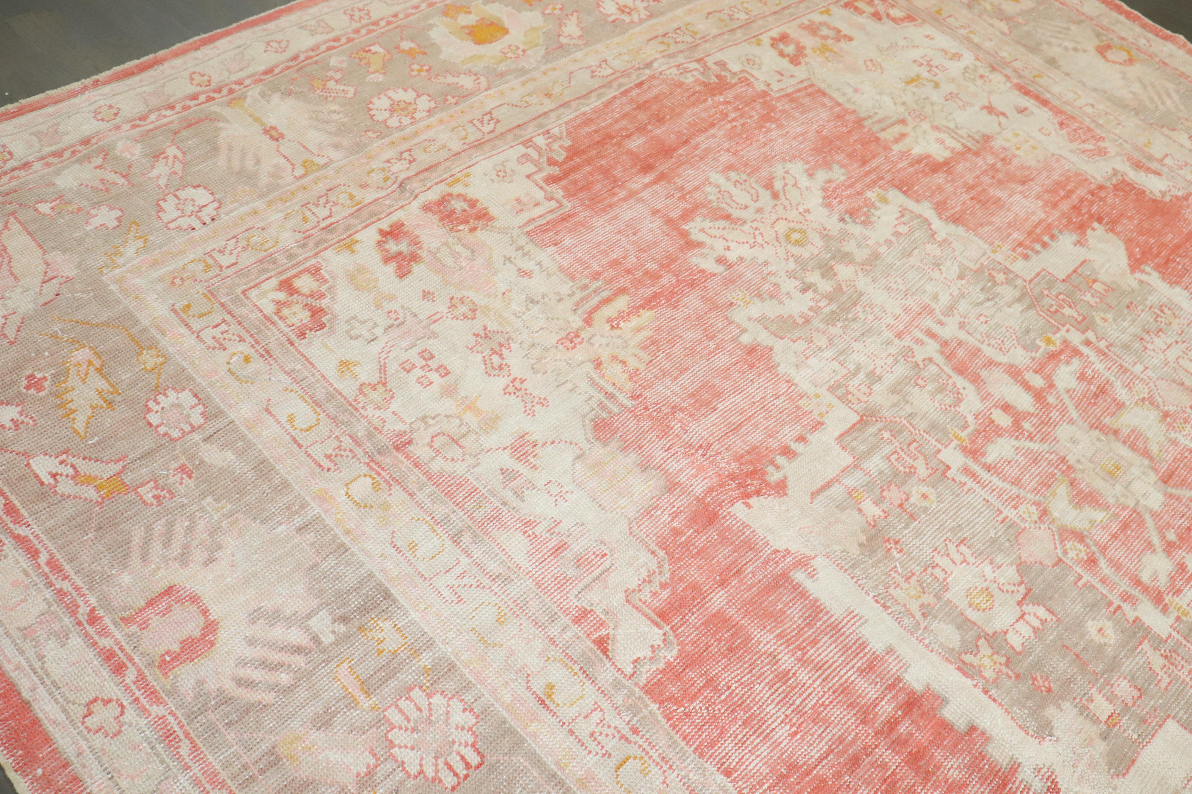 Zabihi Collection Antique Soft Red Ivory Square Oushak Rug In Good Condition For Sale In New York, NY
