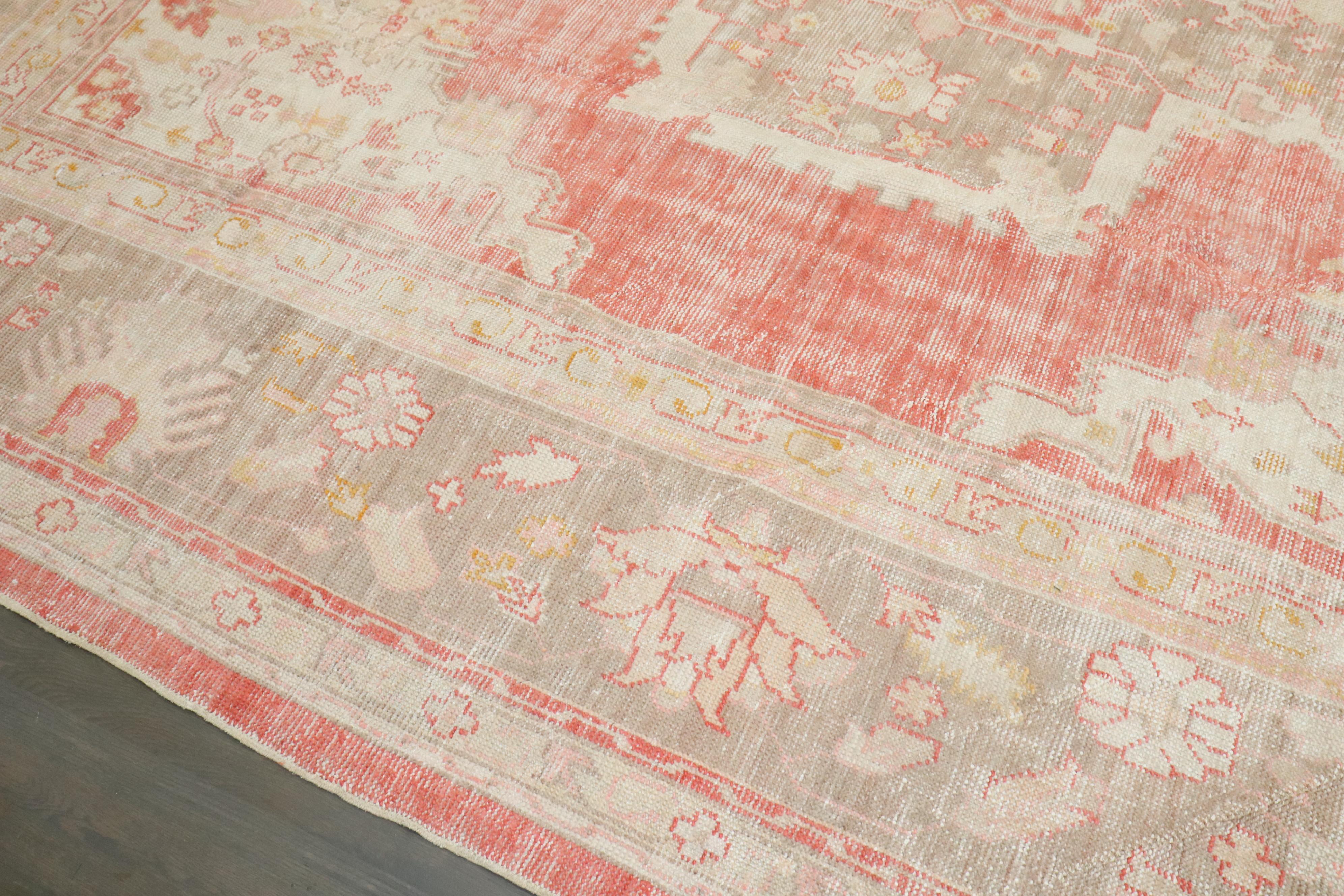 20th Century Zabihi Collection Antique Soft Red Ivory Square Oushak Rug For Sale