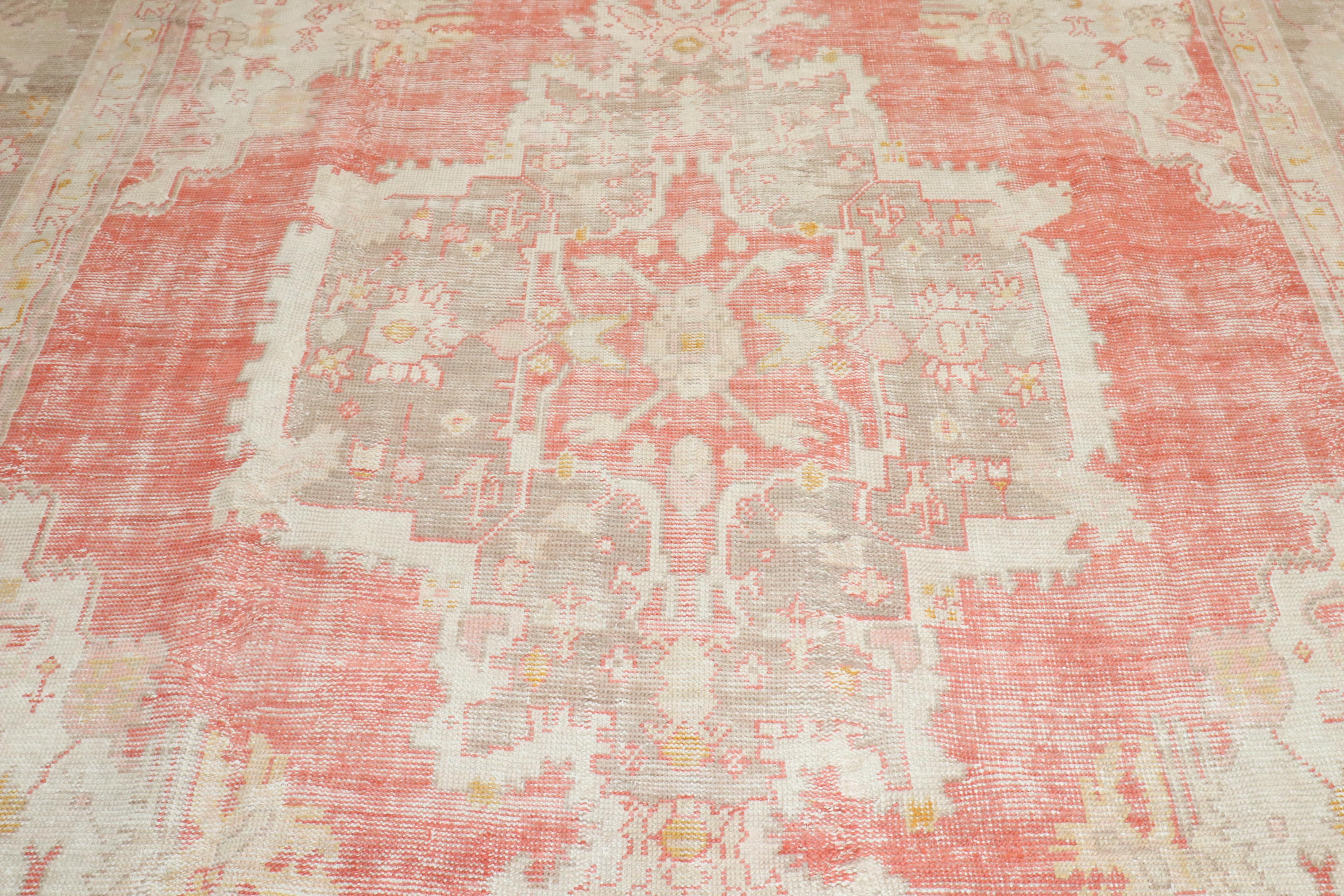 Wool Zabihi Collection Antique Soft Red Ivory Square Oushak Rug For Sale