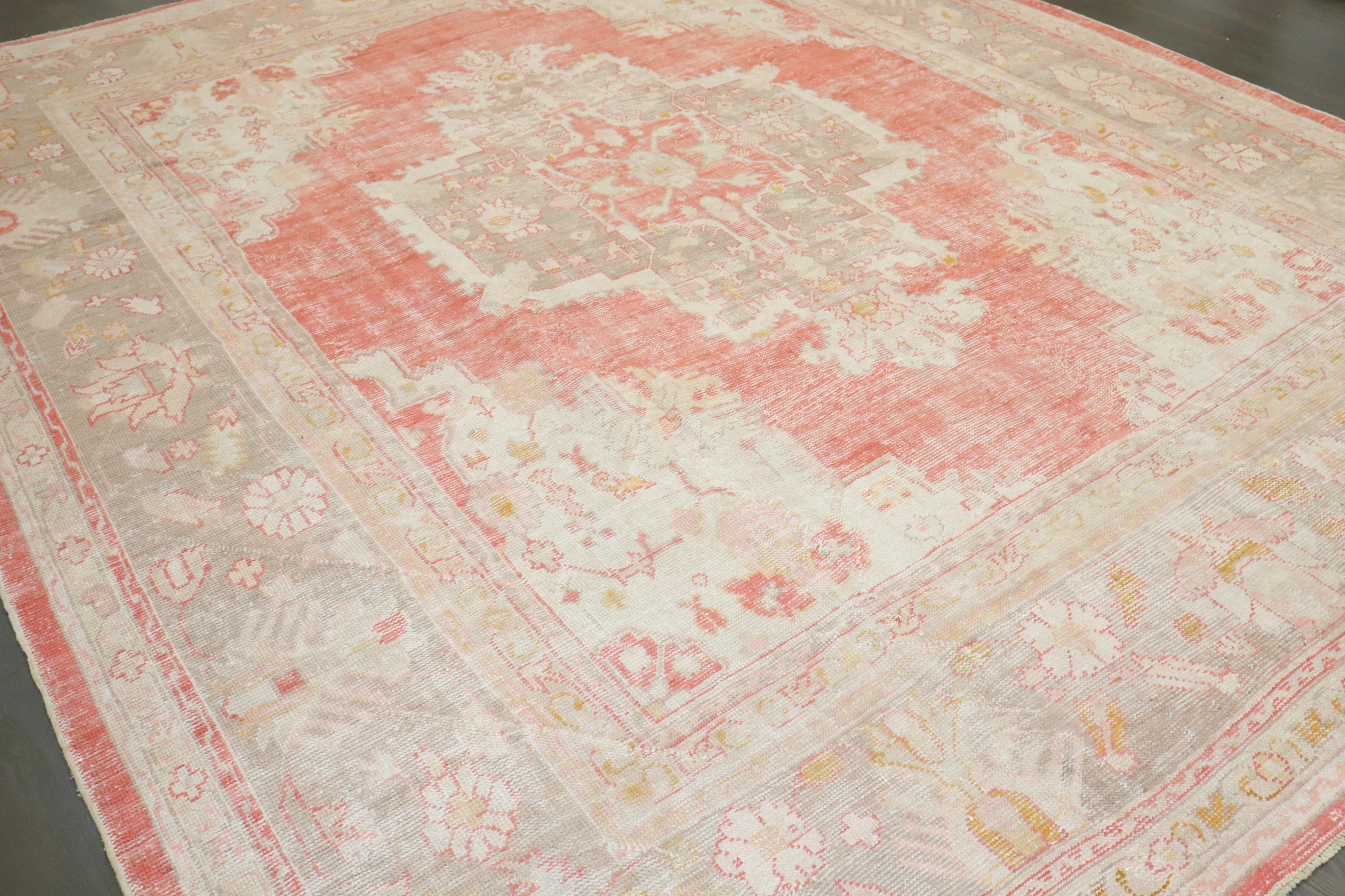 Zabihi Collection Antique Soft Red Ivory Square Oushak Rug For Sale 2