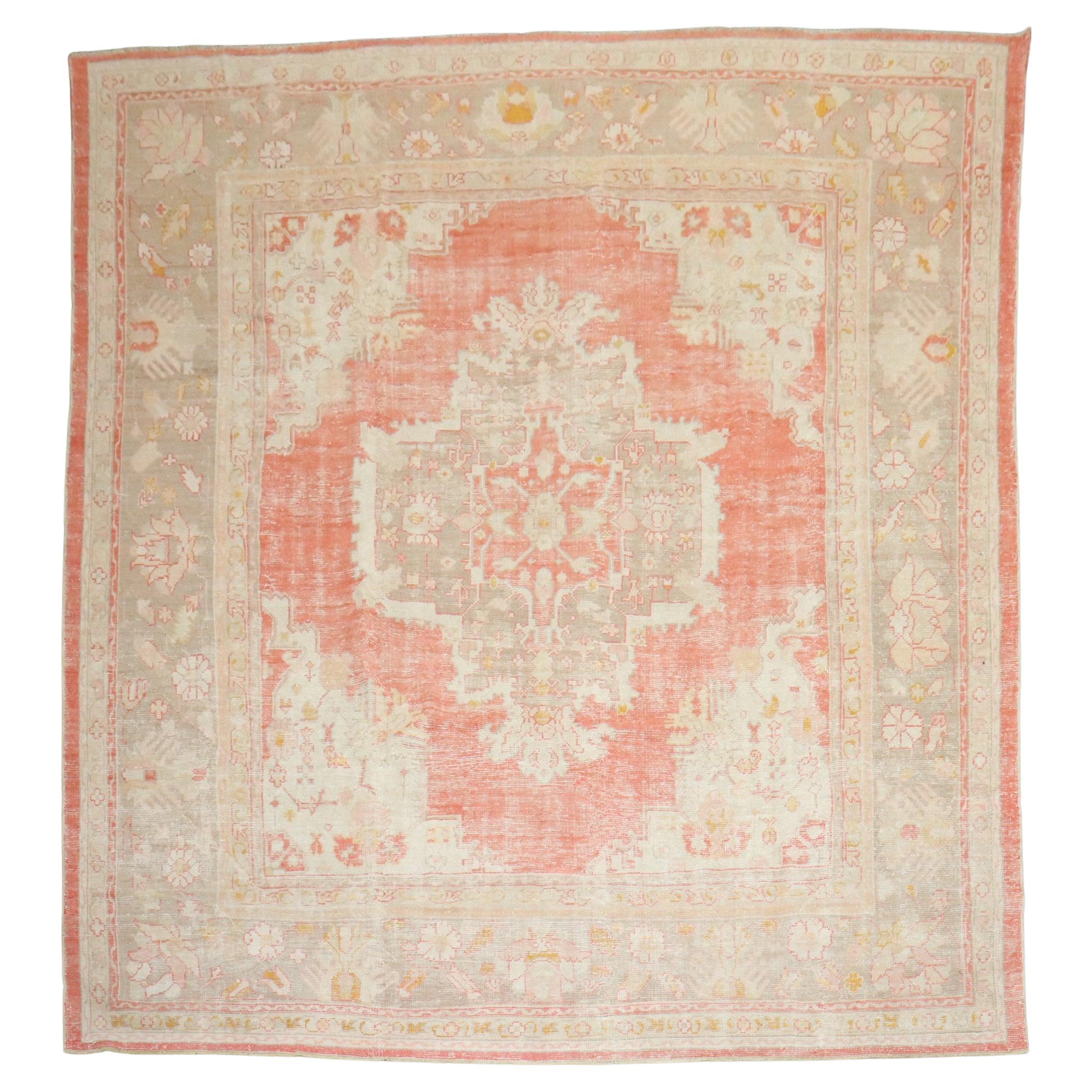 Zabihi Collection Antique Soft Red Ivory Square Oushak Rug For Sale