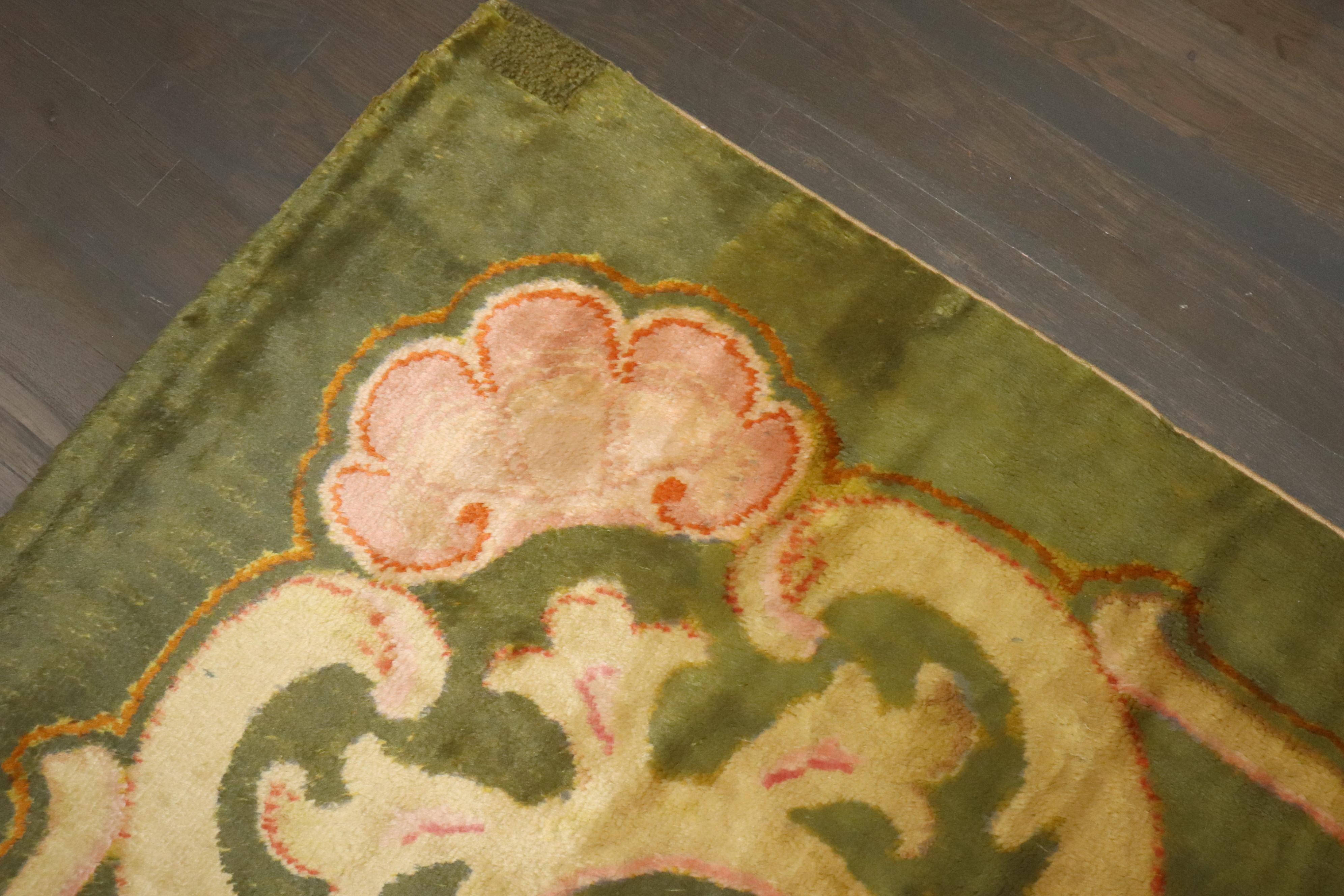 Zabihi Collection Antique Spanish Savonnerie Oversize Green Pink Rug For Sale 4