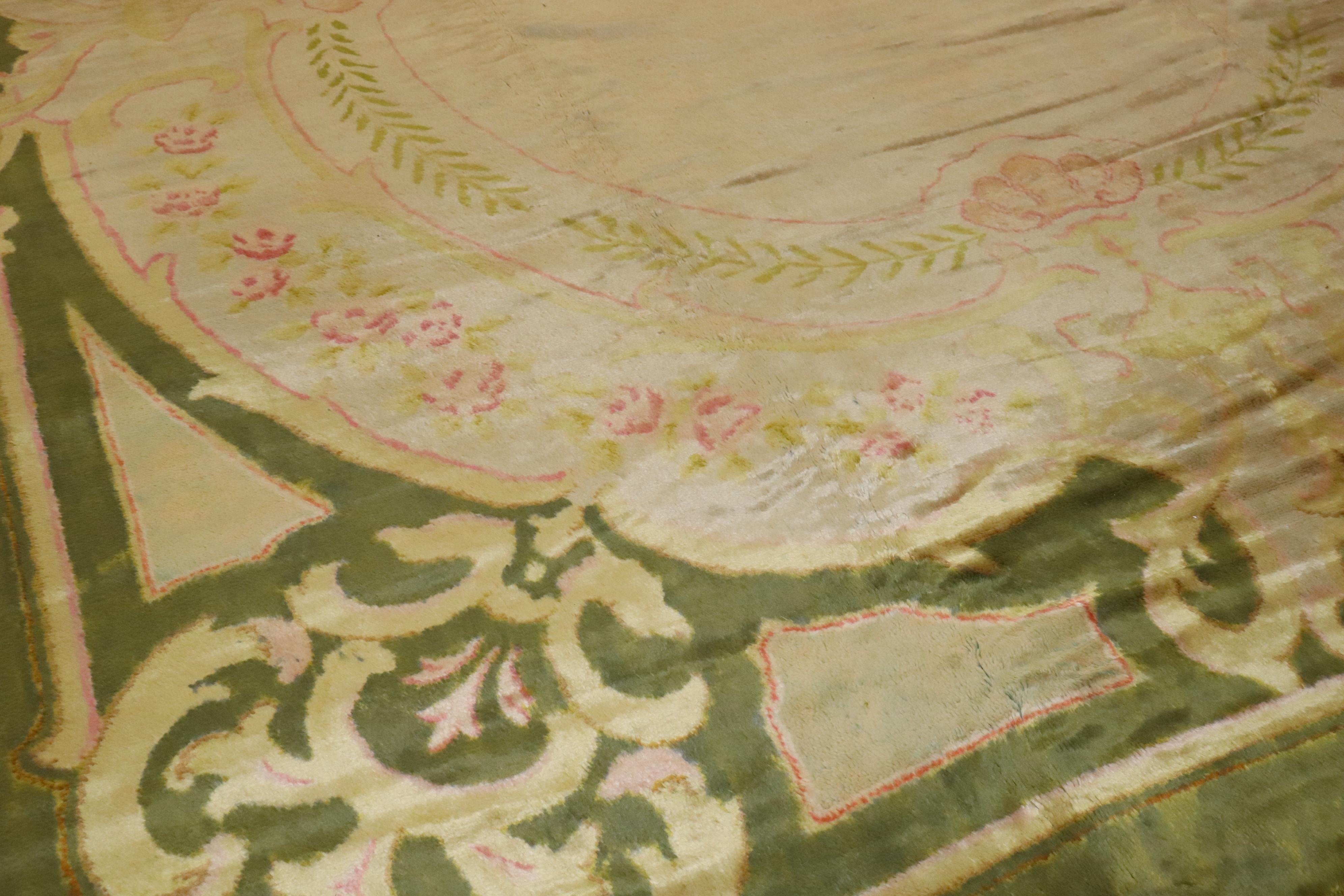 Zabihi Collection Antique Spanish Savonnerie Oversize Green Pink Rug For Sale 6