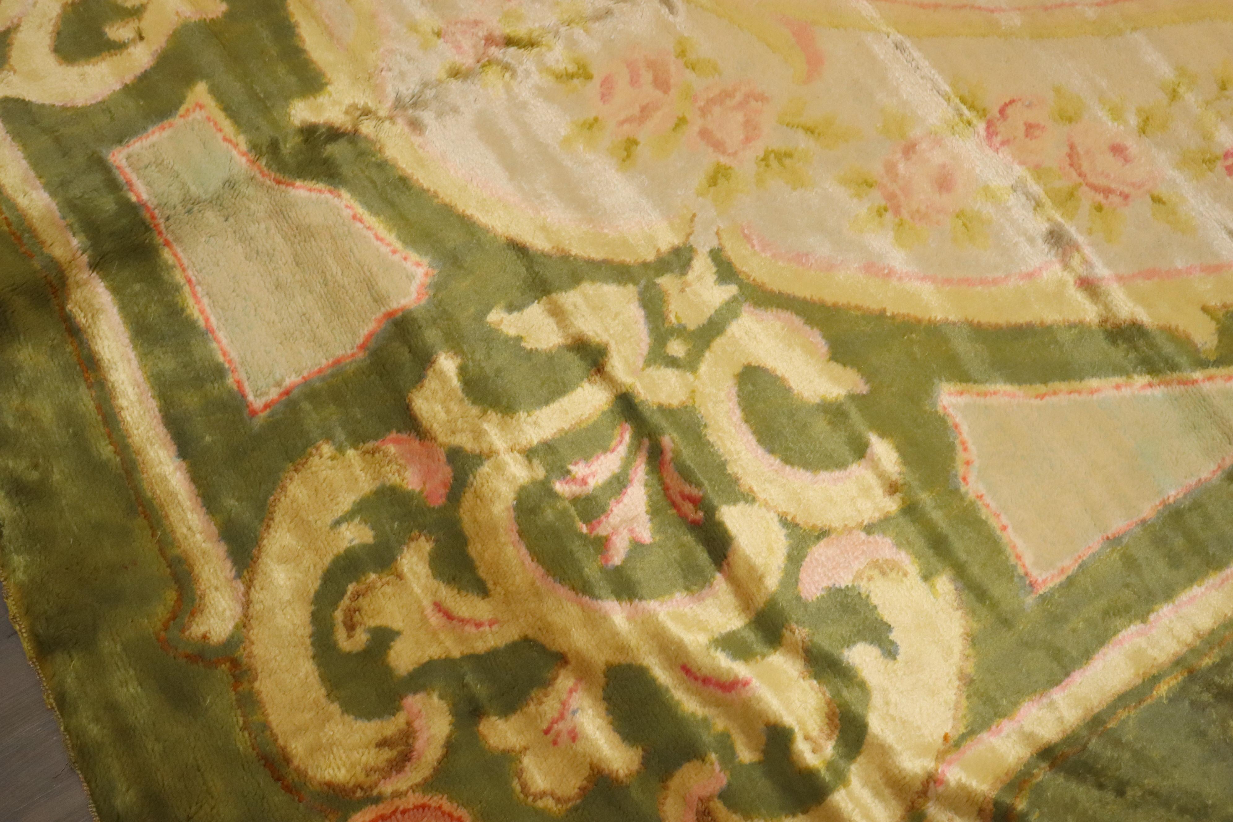 Spanish Colonial Zabihi Collection Antique Spanish Savonnerie Oversize Green Pink Rug For Sale