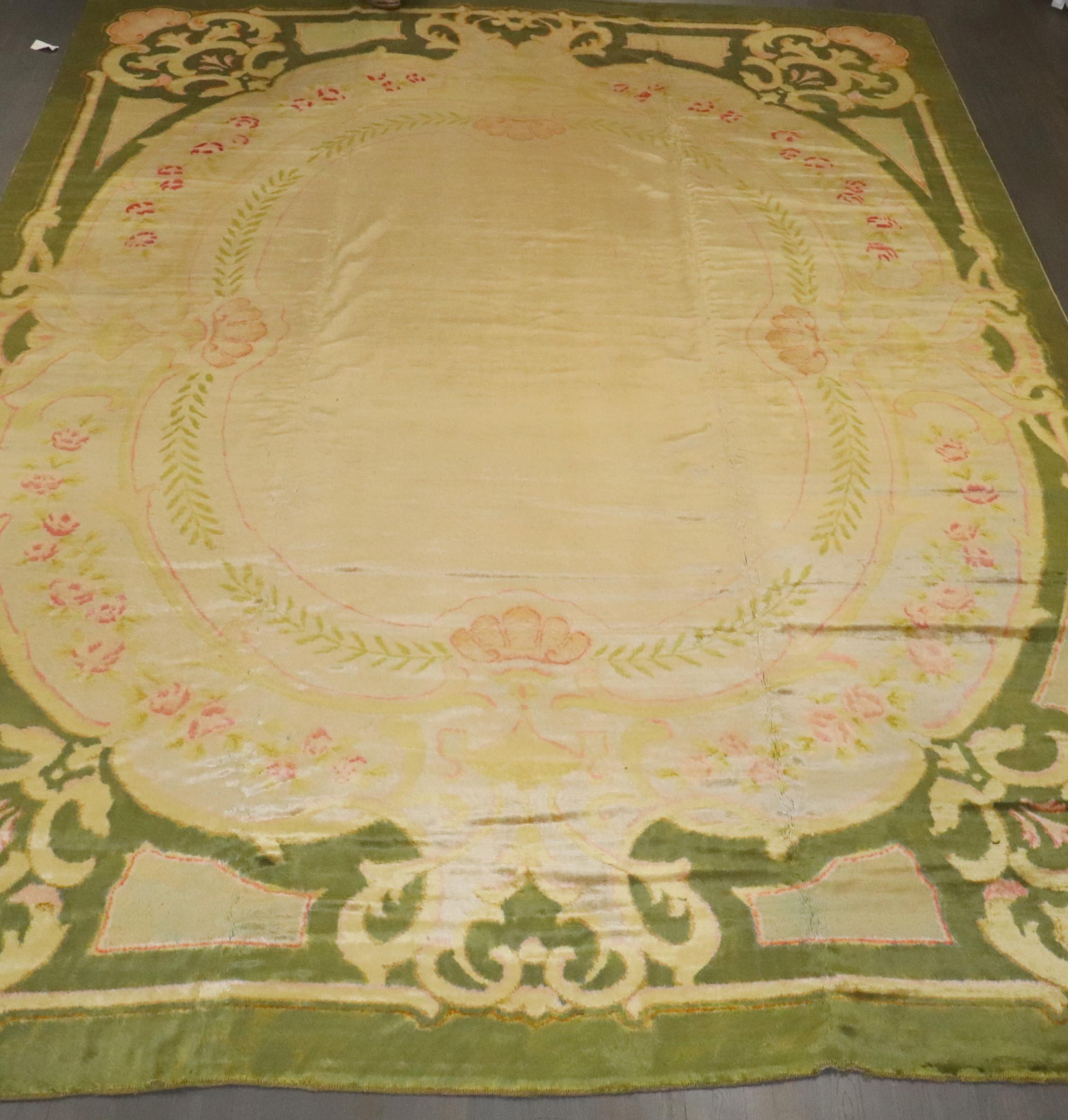 Zabihi Collection Antique Spanish Savonnerie Oversize Green Pink Rug In Good Condition For Sale In New York, NY