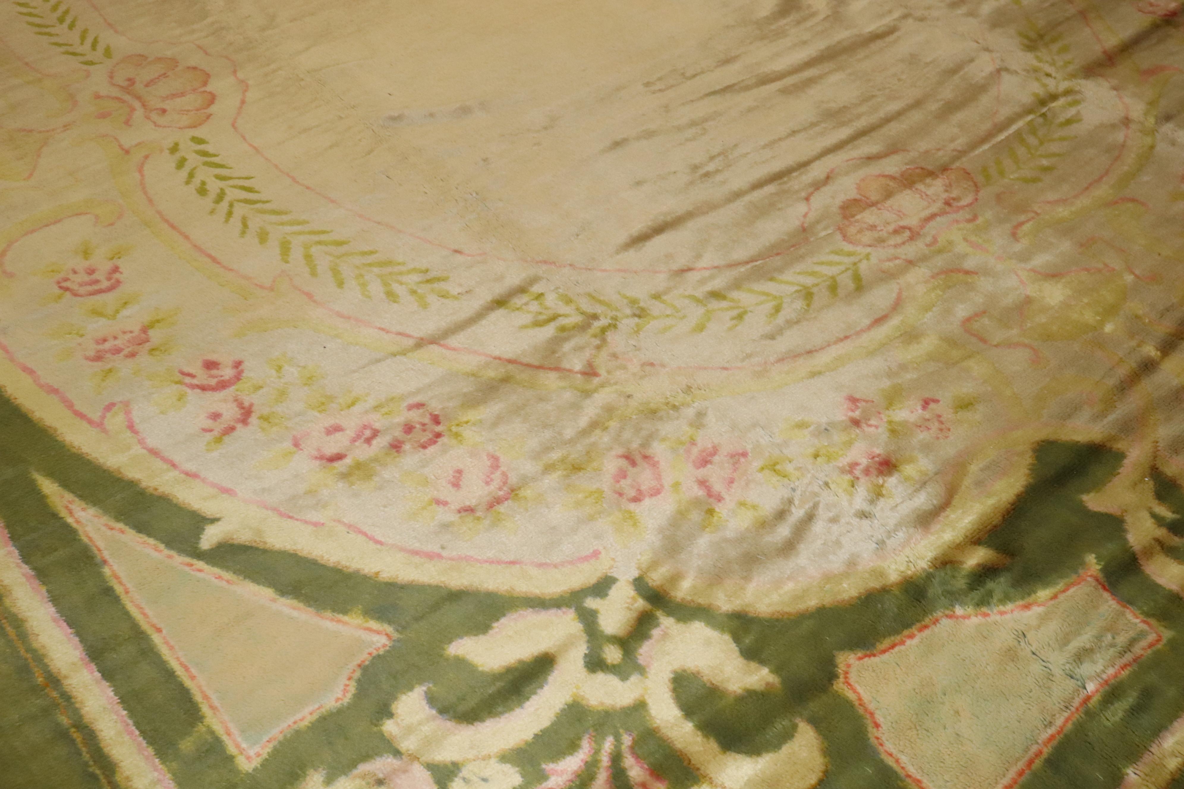 Wool Zabihi Collection Antique Spanish Savonnerie Oversize Green Pink Rug For Sale