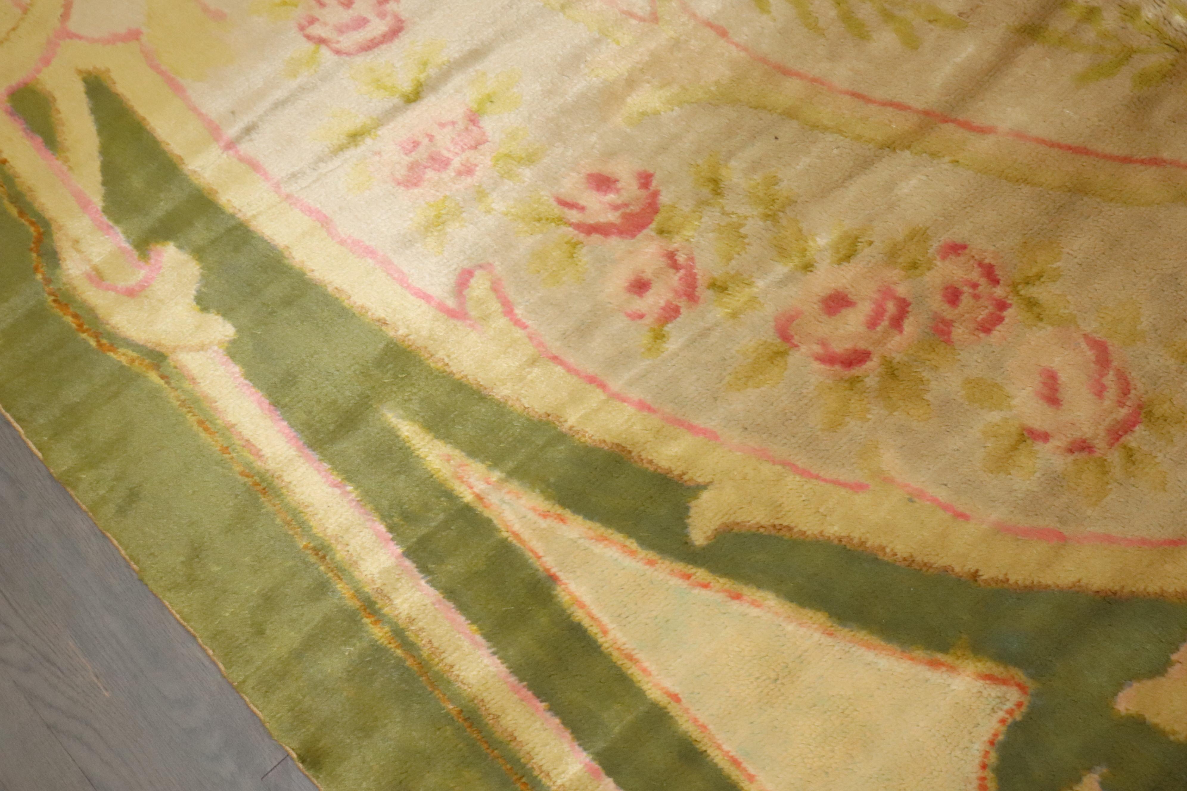 Zabihi Collection Antique Spanish Savonnerie Oversize Green Pink Rug For Sale 1