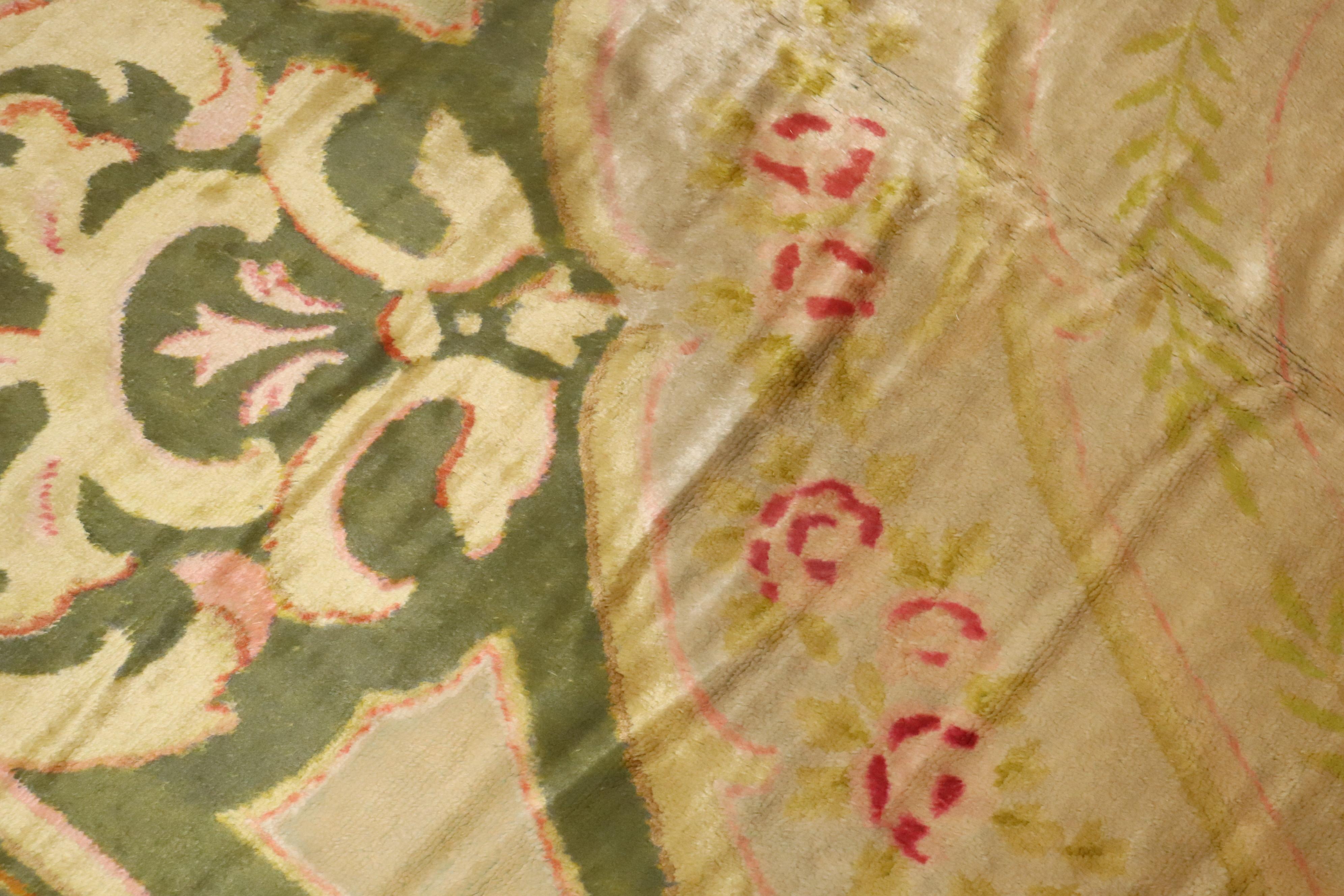 Zabihi Collection Antique Spanish Savonnerie Oversize Green Pink Rug For Sale 3