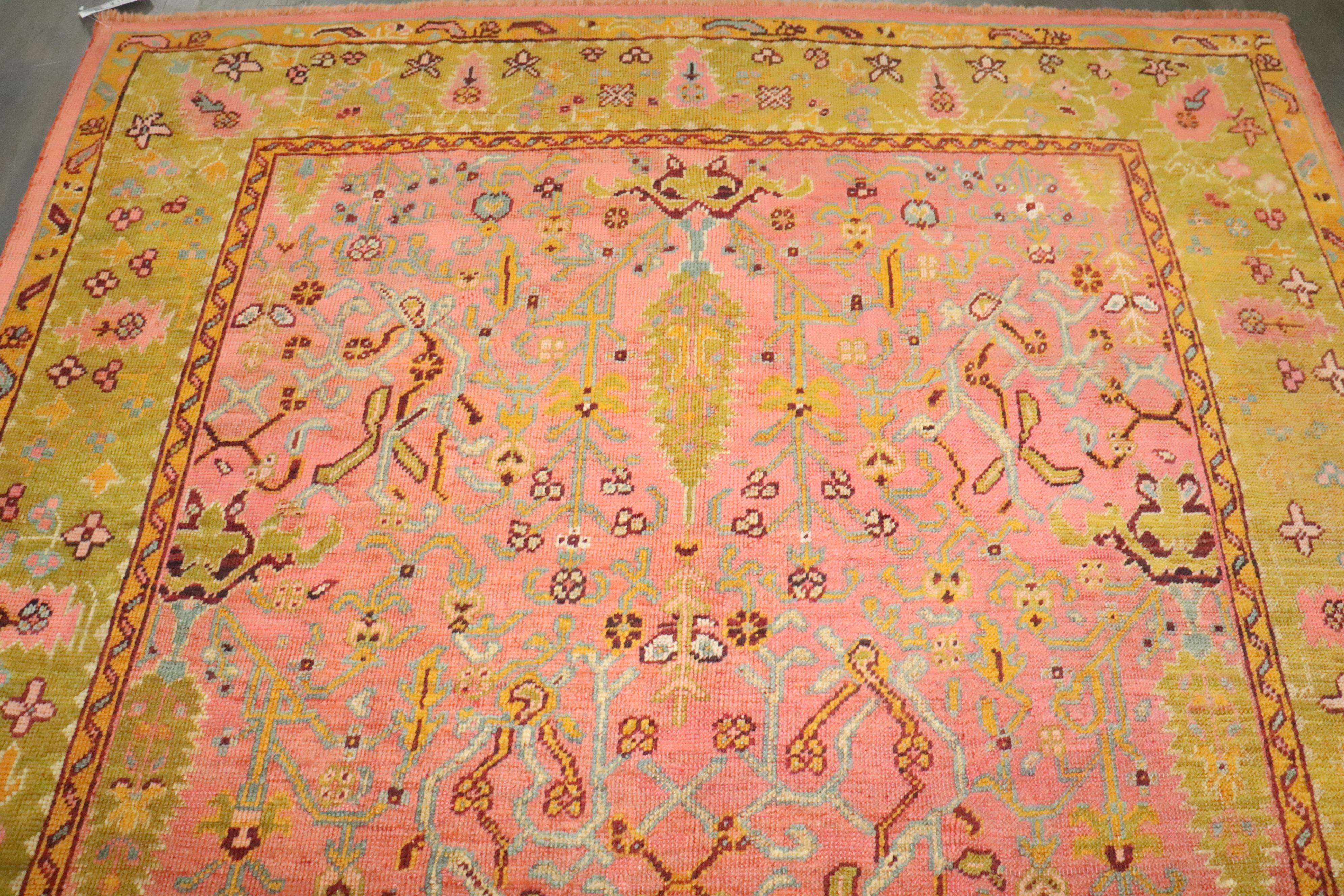 Zabihi Collection Antique Square Türkisch Oushak Rosa Chartreuse Teppich im Angebot 3