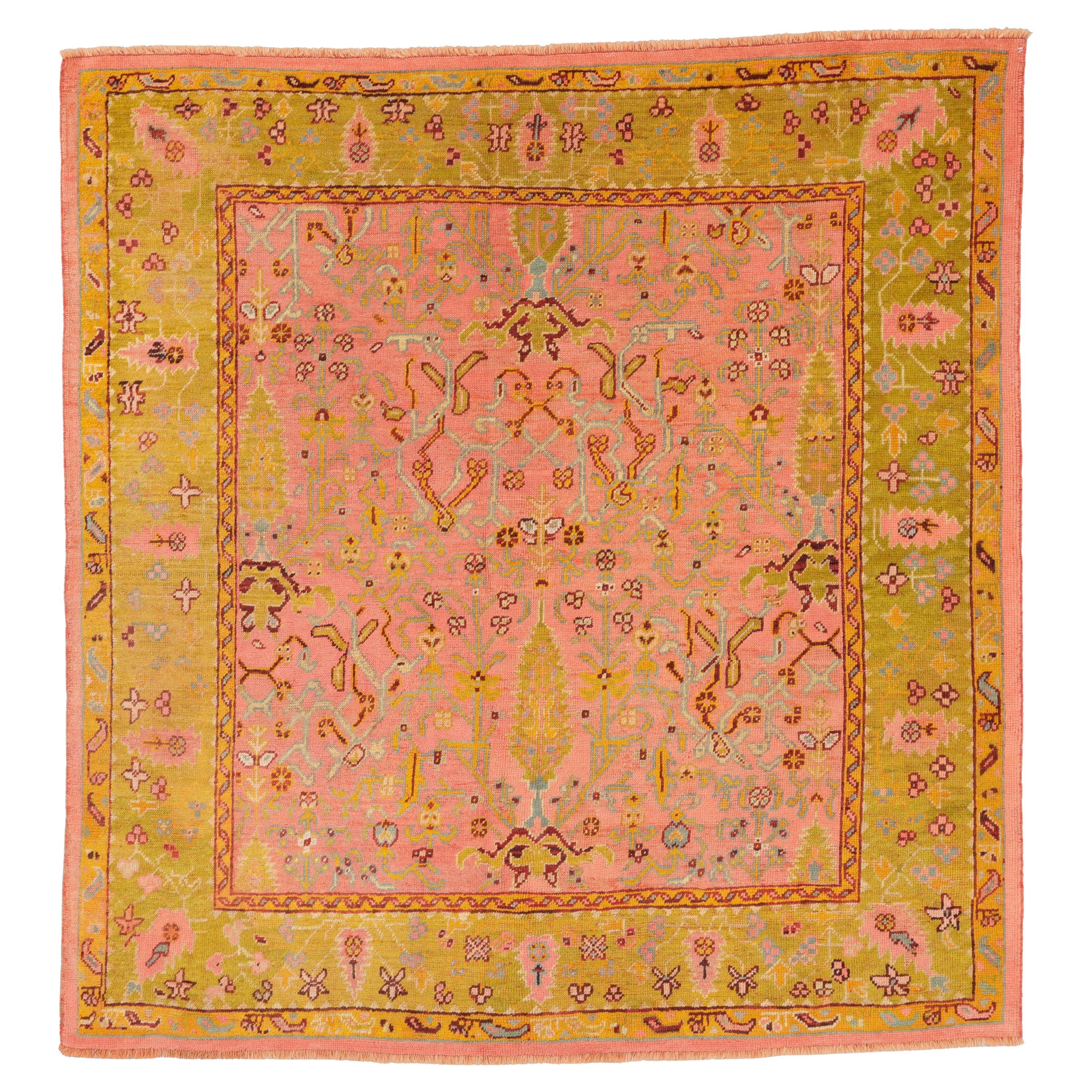 Zabihi Collection Antique Square Türkisch Oushak Rosa Chartreuse Teppich im Angebot
