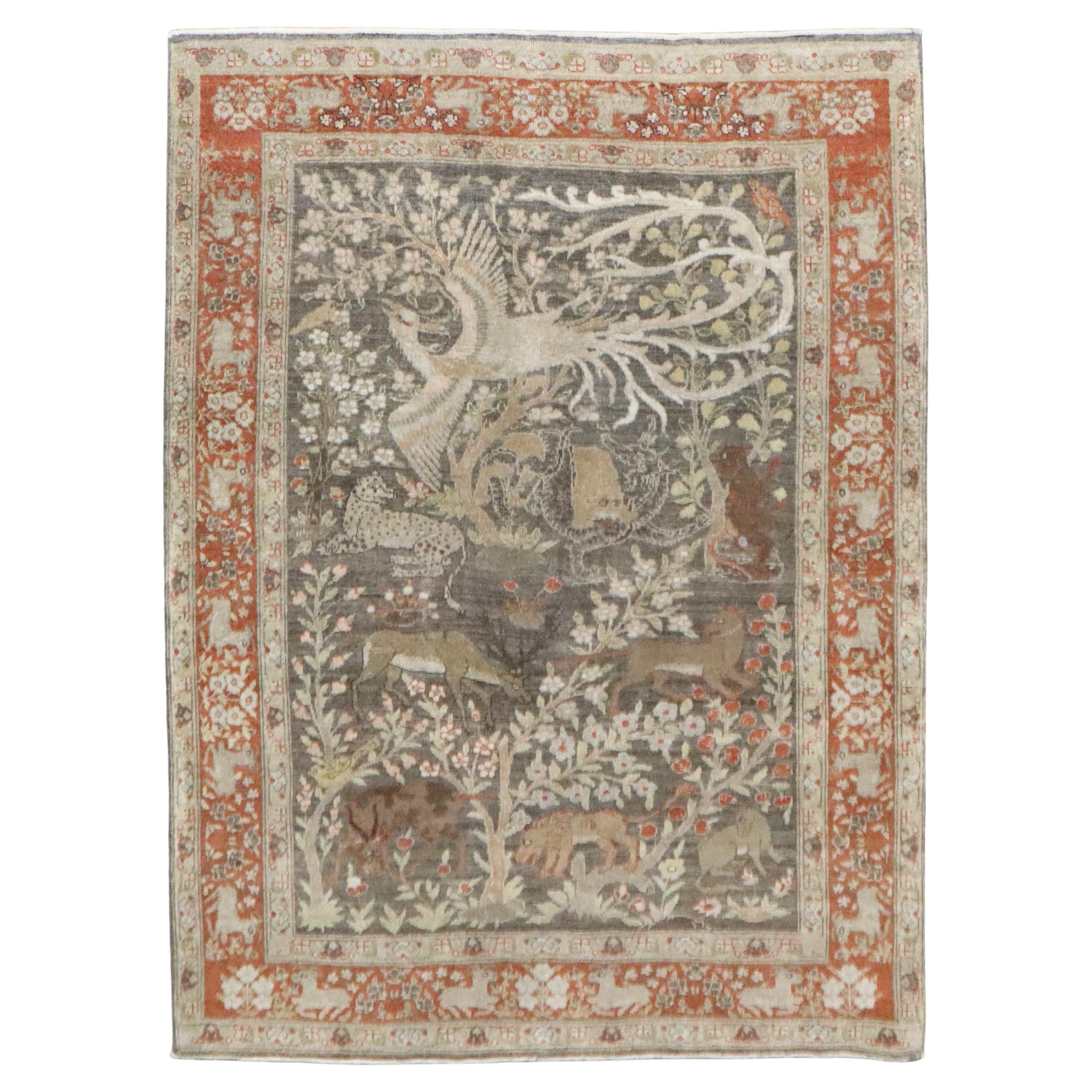 Zabihi Collection Antique Tabriz Gray Field Animal Rug