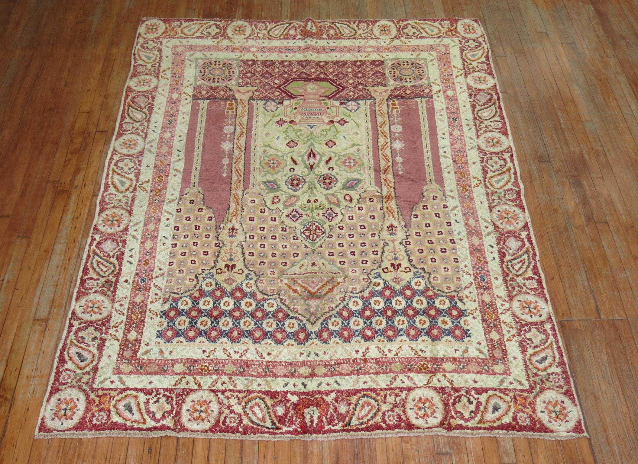 Romantic Zabihi Collection Antique Turkish Ghiordes Scroll Rug For Sale