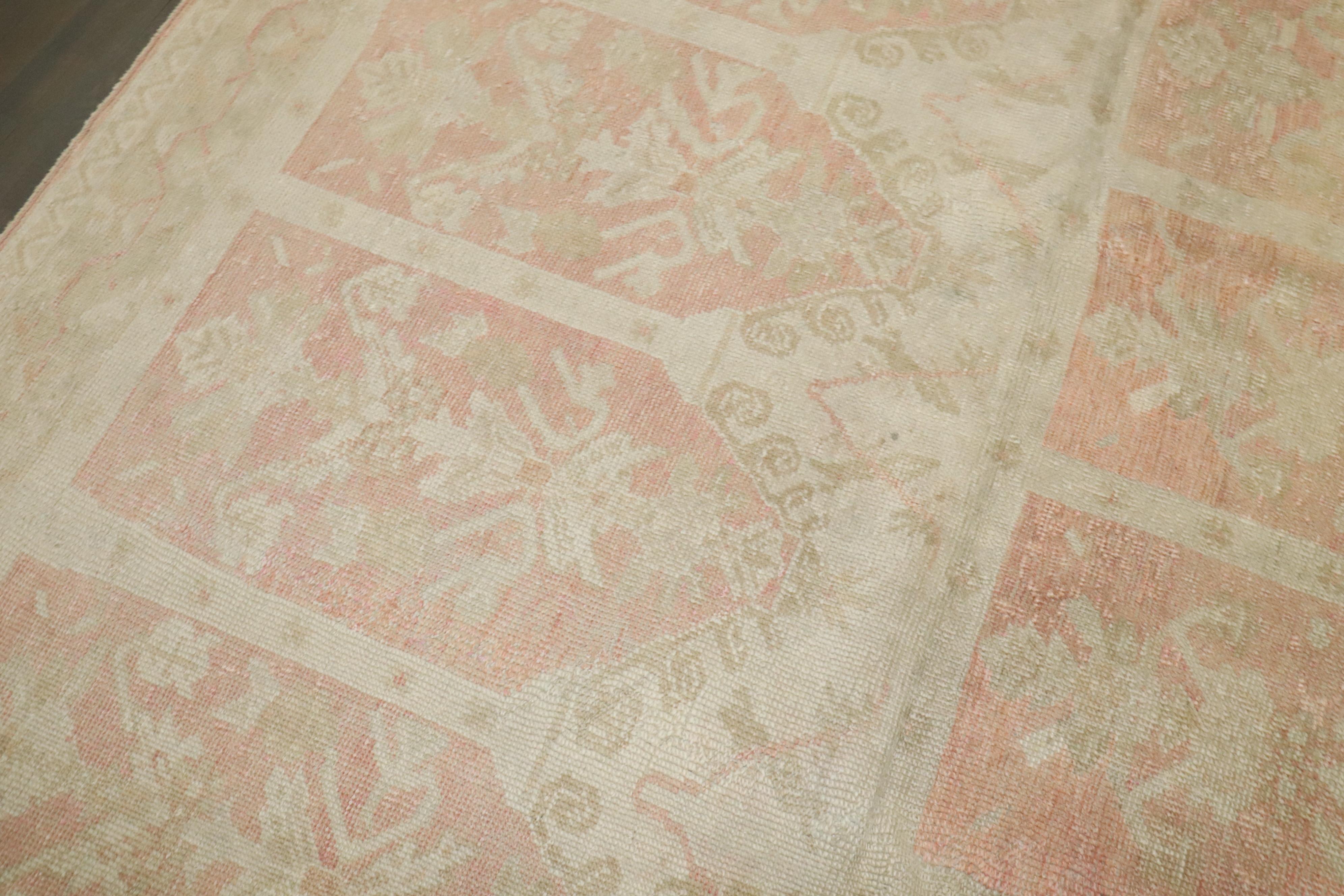 Wool Zabihi Collection Antique Turkish Ghiordes Soft Pink Gallery Corridor Rug For Sale