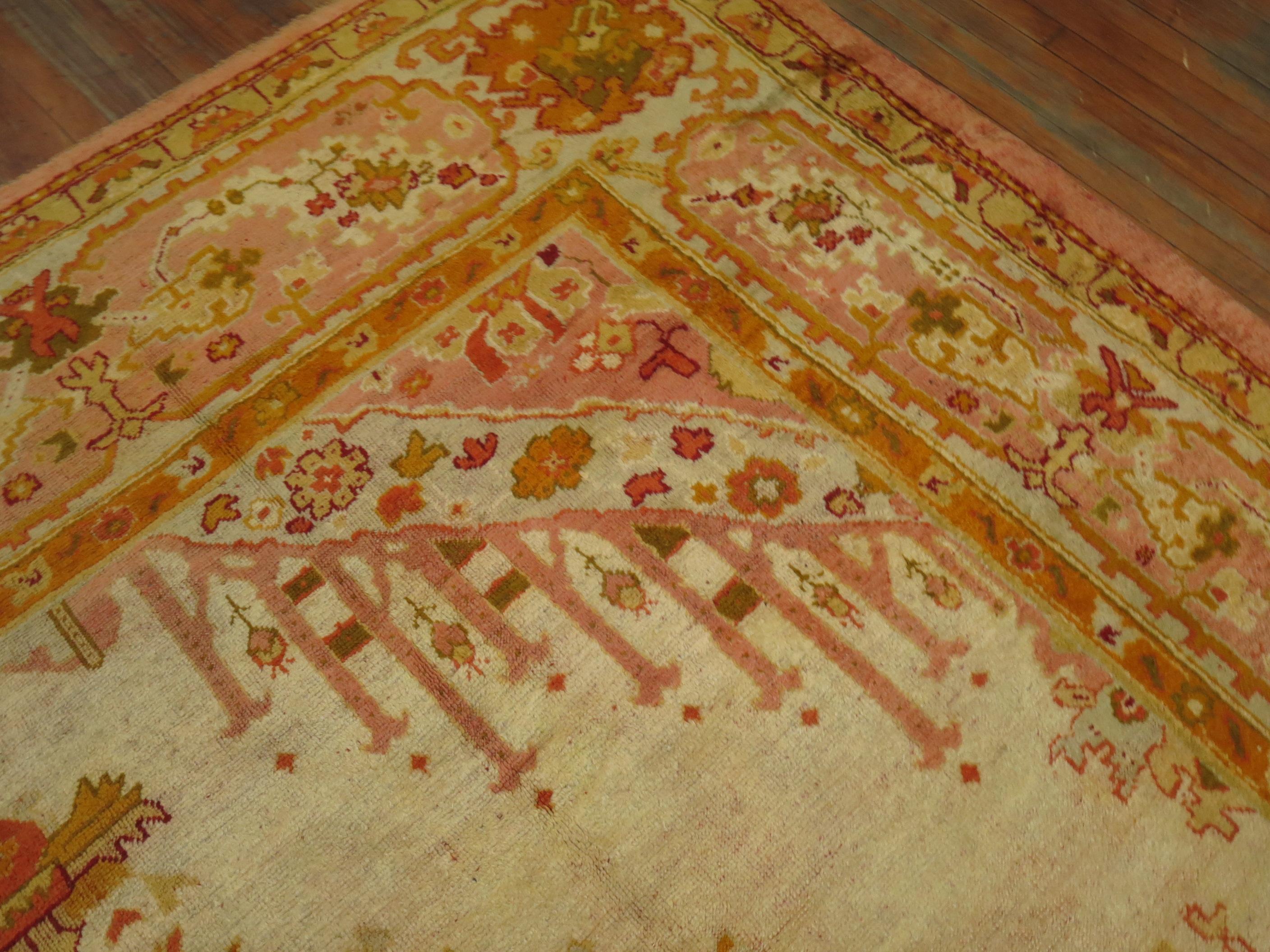 Archaistic Zabihi Collection Antique Turkish Oushak Ivory Pink Orange Rug For Sale