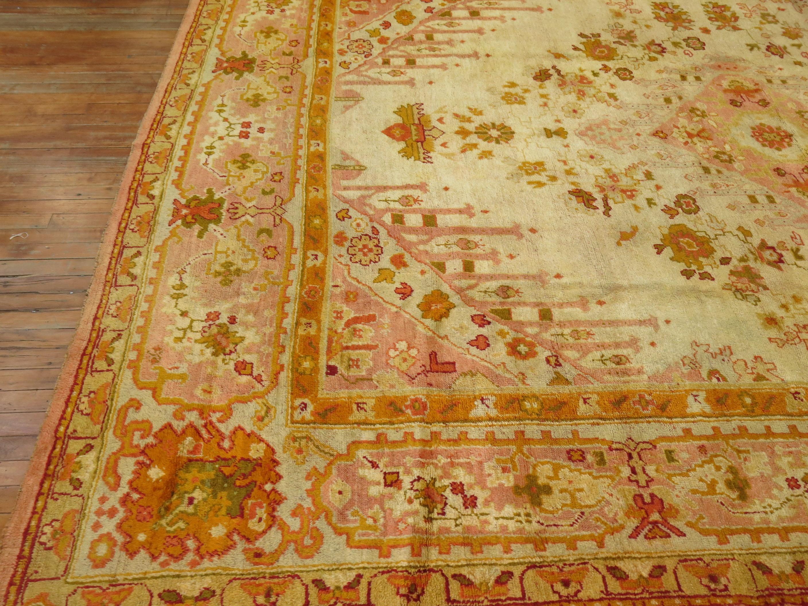 Zabihi Collection Antique Turkish Oushak Ivory Pink Orange Rug In Good Condition For Sale In New York, NY