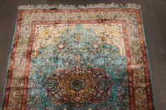 Zabihi Collection Antique Turquoise Silk Persian Kashan Rug