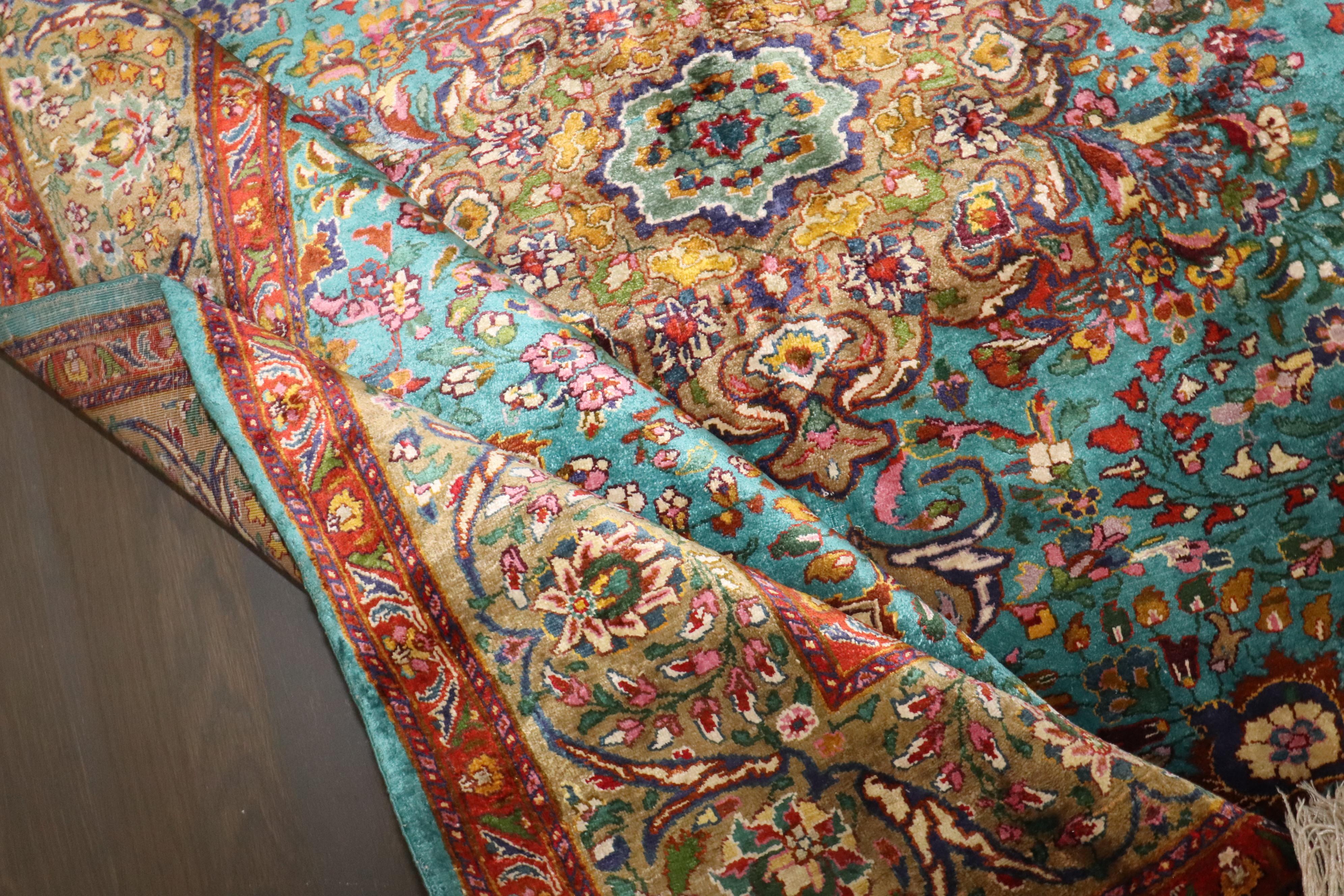 Islamic Zabihi Collection Antique Turquoise Silk Persian Kashan Rug For Sale