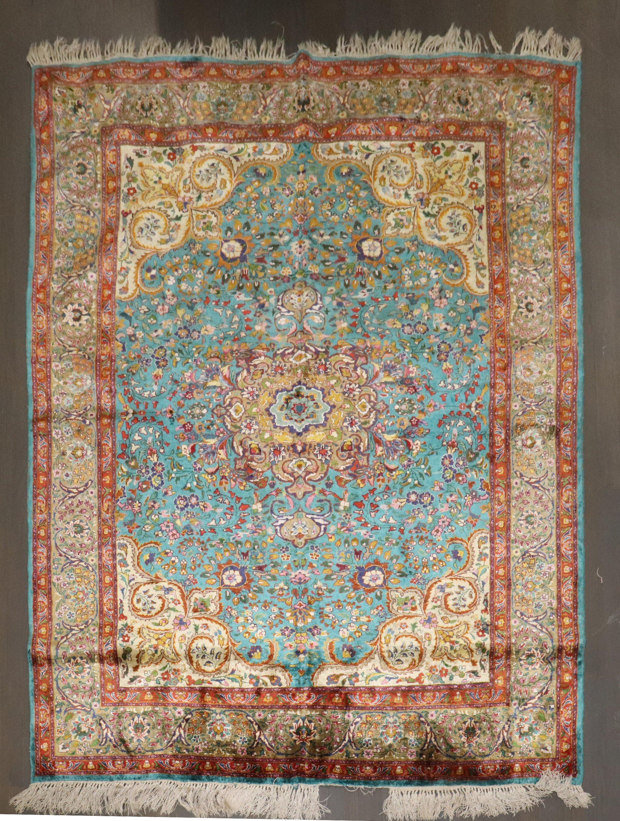 20th Century Zabihi Collection Antique Turquoise Silk Persian Kashan Rug For Sale