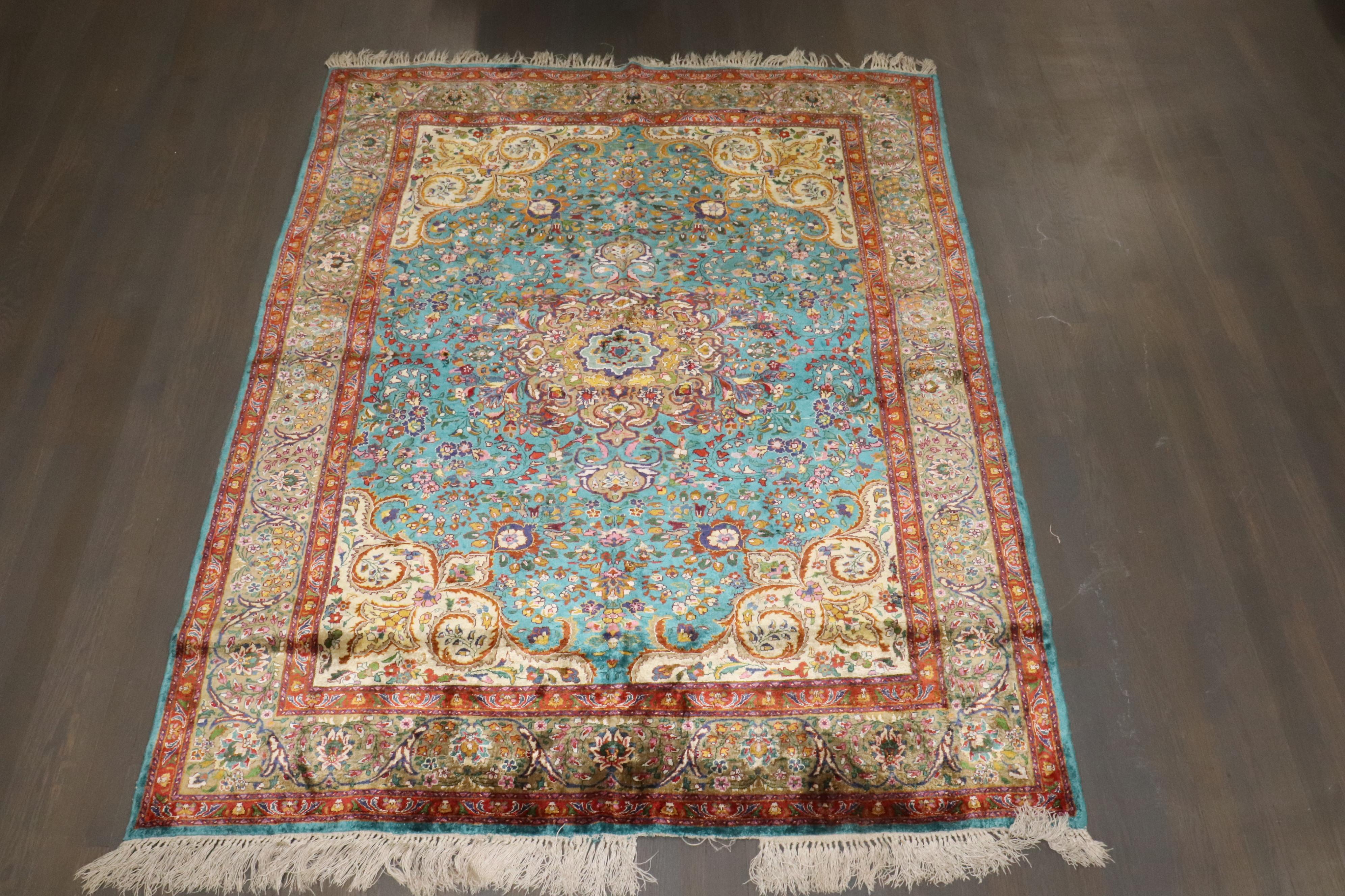 Zabihi Collection Antique Turquoise Silk Persian Kashan Rug For Sale 1