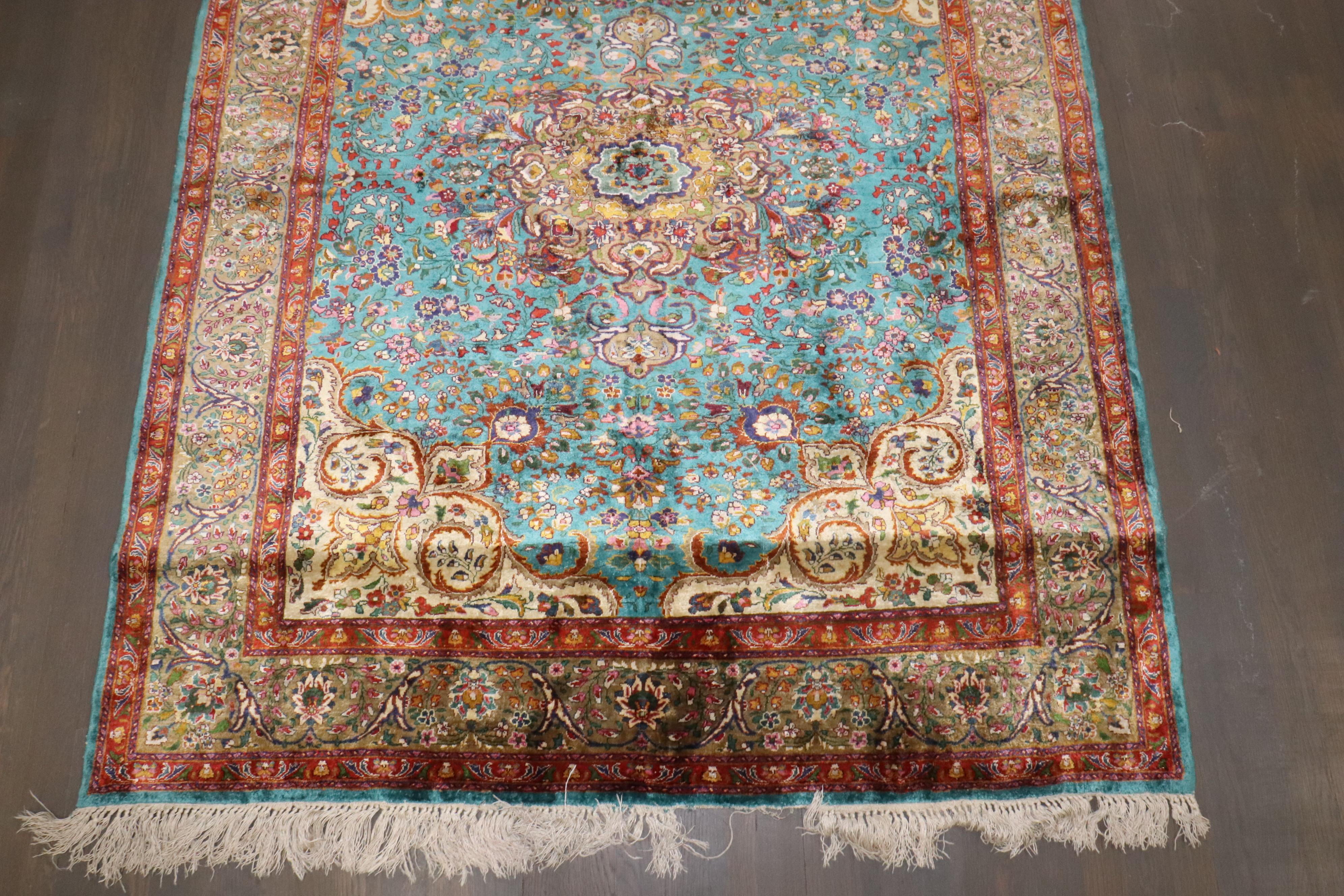 Zabihi Collection Antique Turquoise Silk Persian Kashan Rug For Sale 2