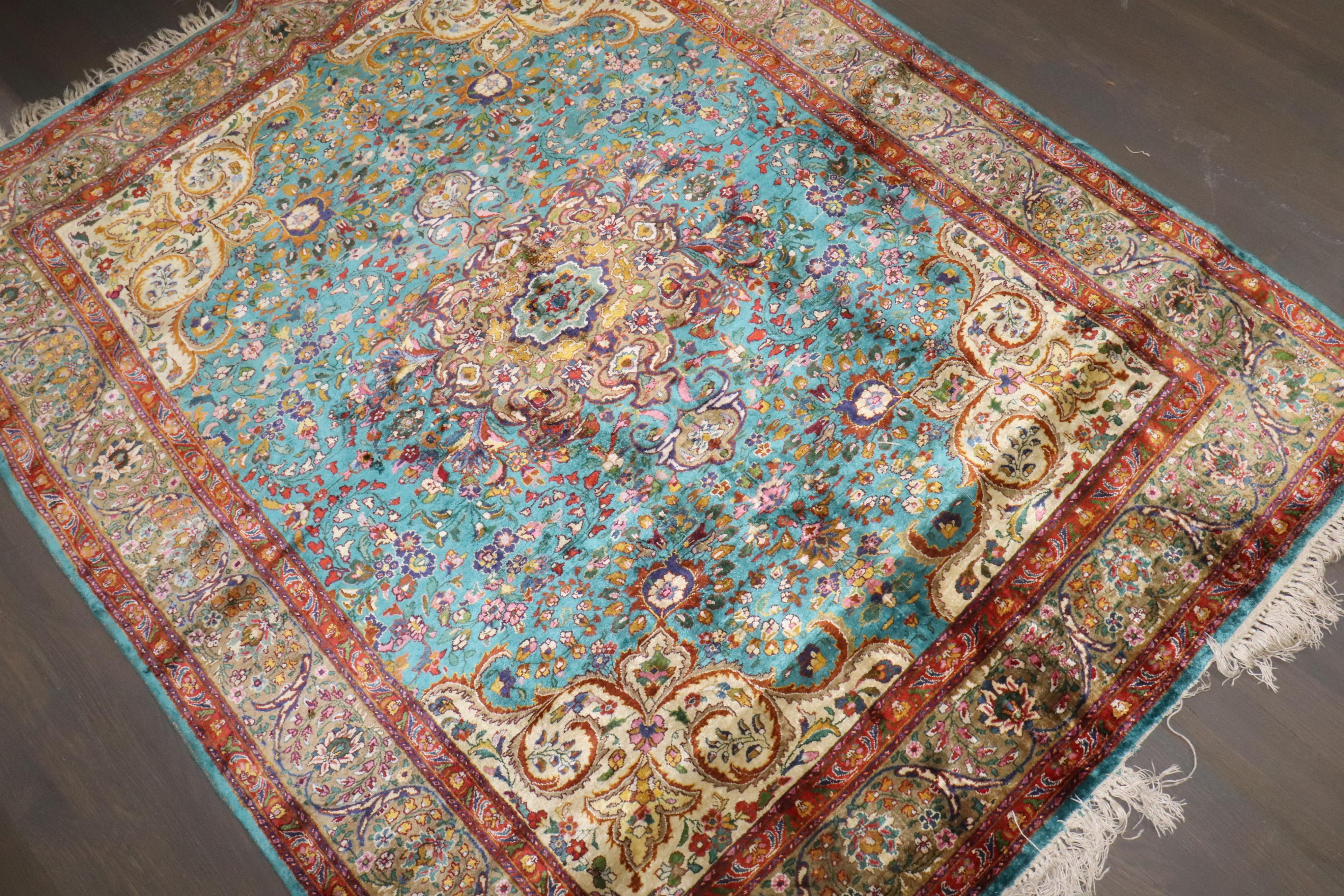 Zabihi Collection Antique Turquoise Silk Persian Kashan Rug For Sale 3