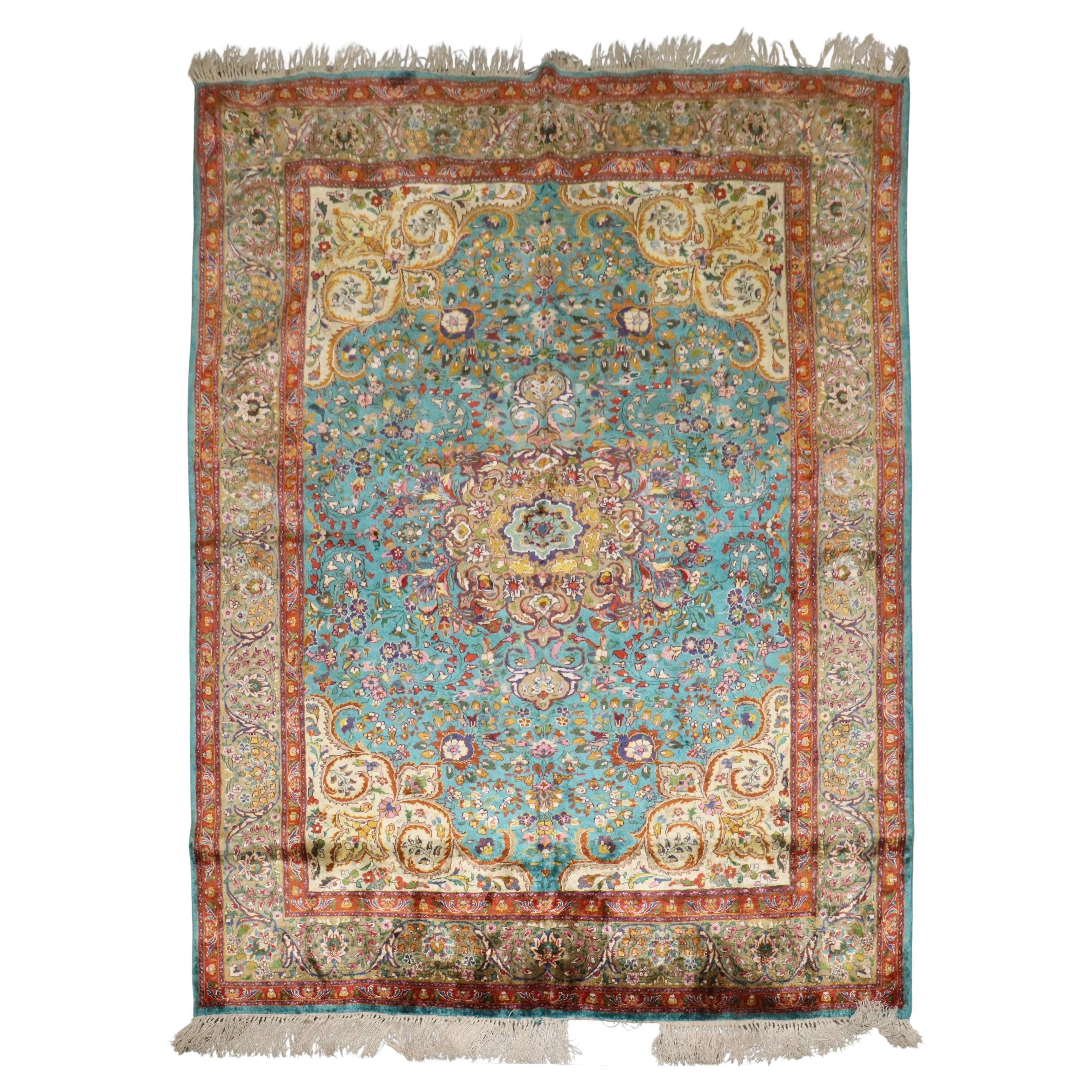Zabihi Collection Antique Turquoise Silk Persian Kashan Rug For Sale