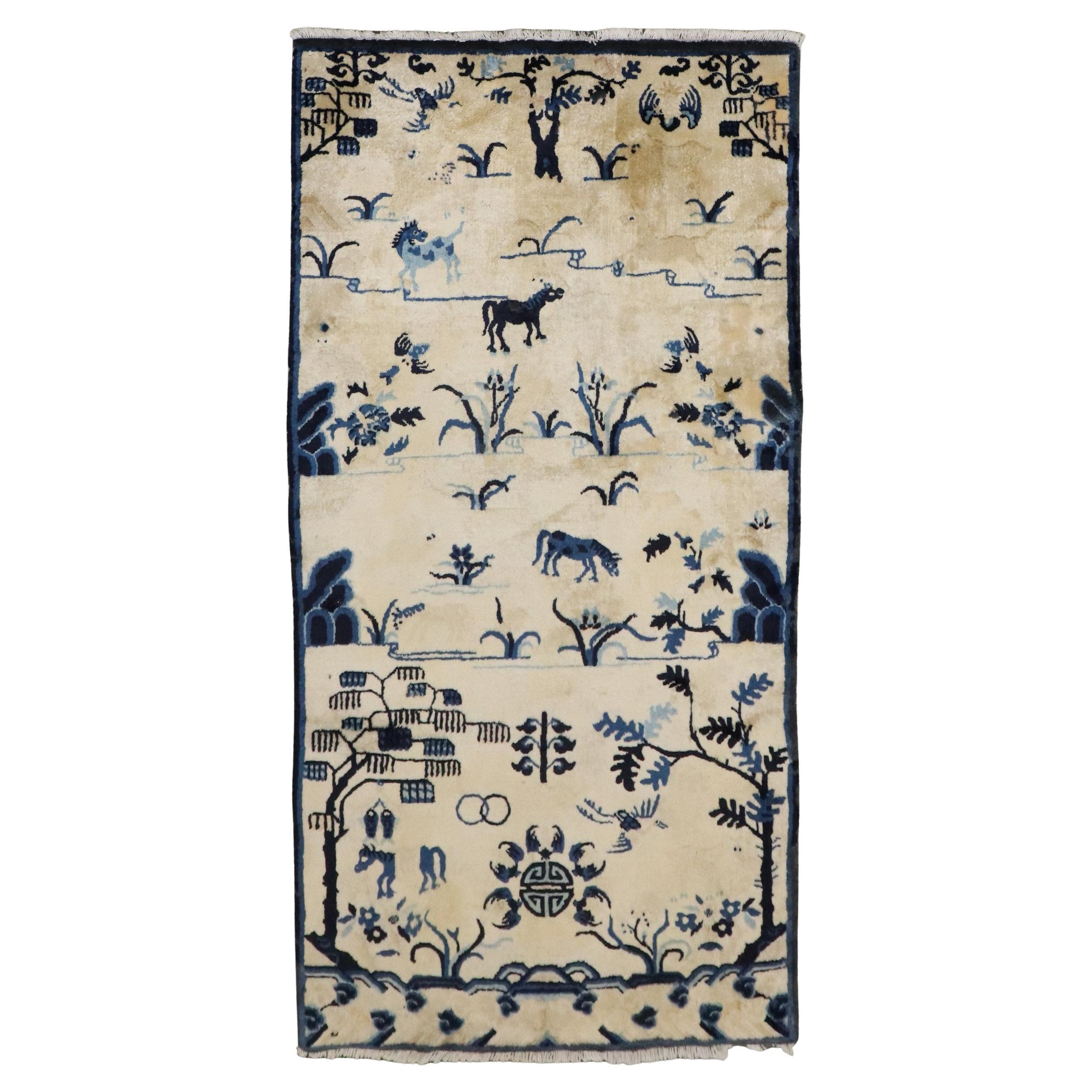 Colección Zabihi Alfombra China Antigua Color Azul Beige Pictórico