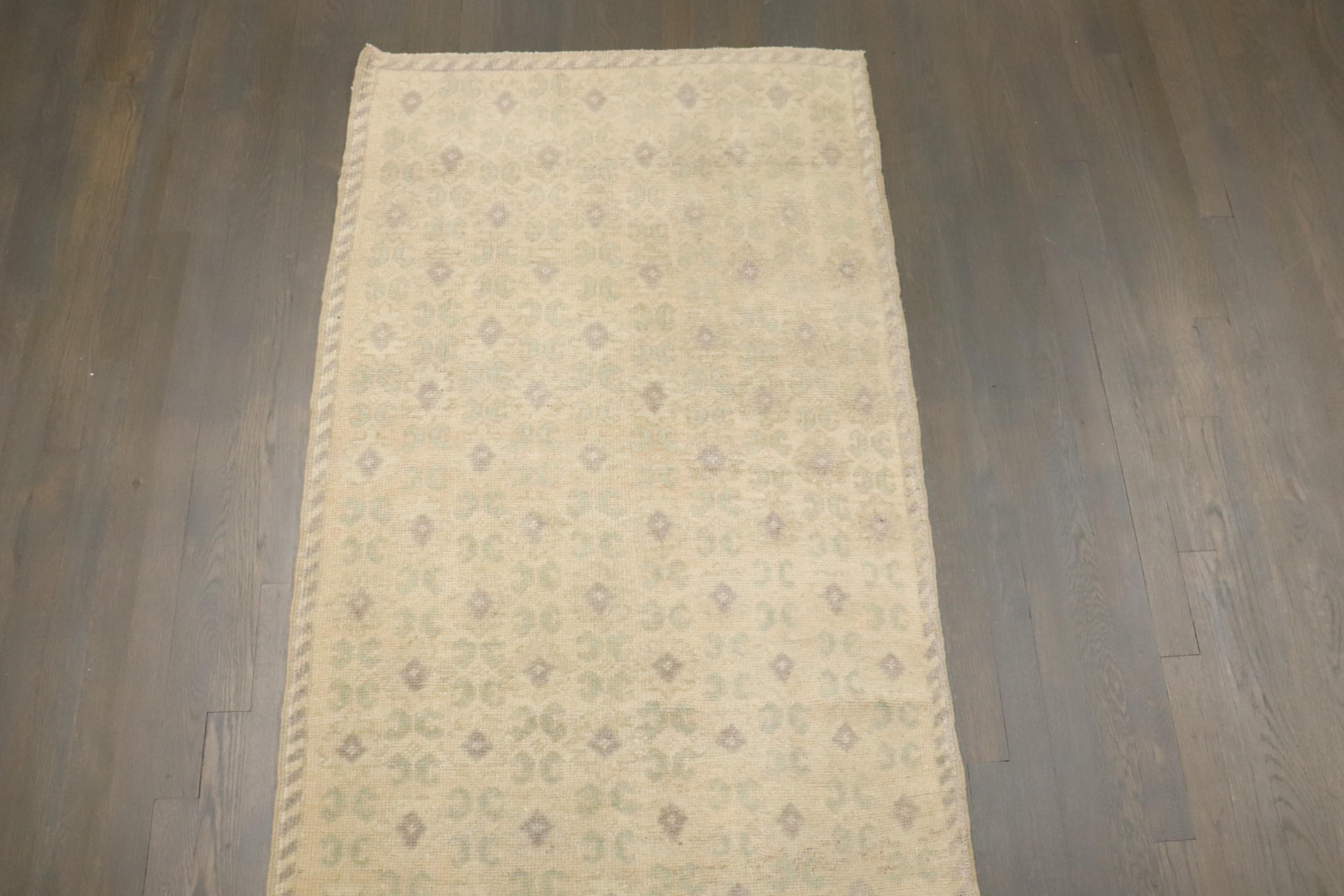 Hand-Knotted Zabihi Collection Beige Green Accent Mid-20th Century Turkish  Runner For Sale