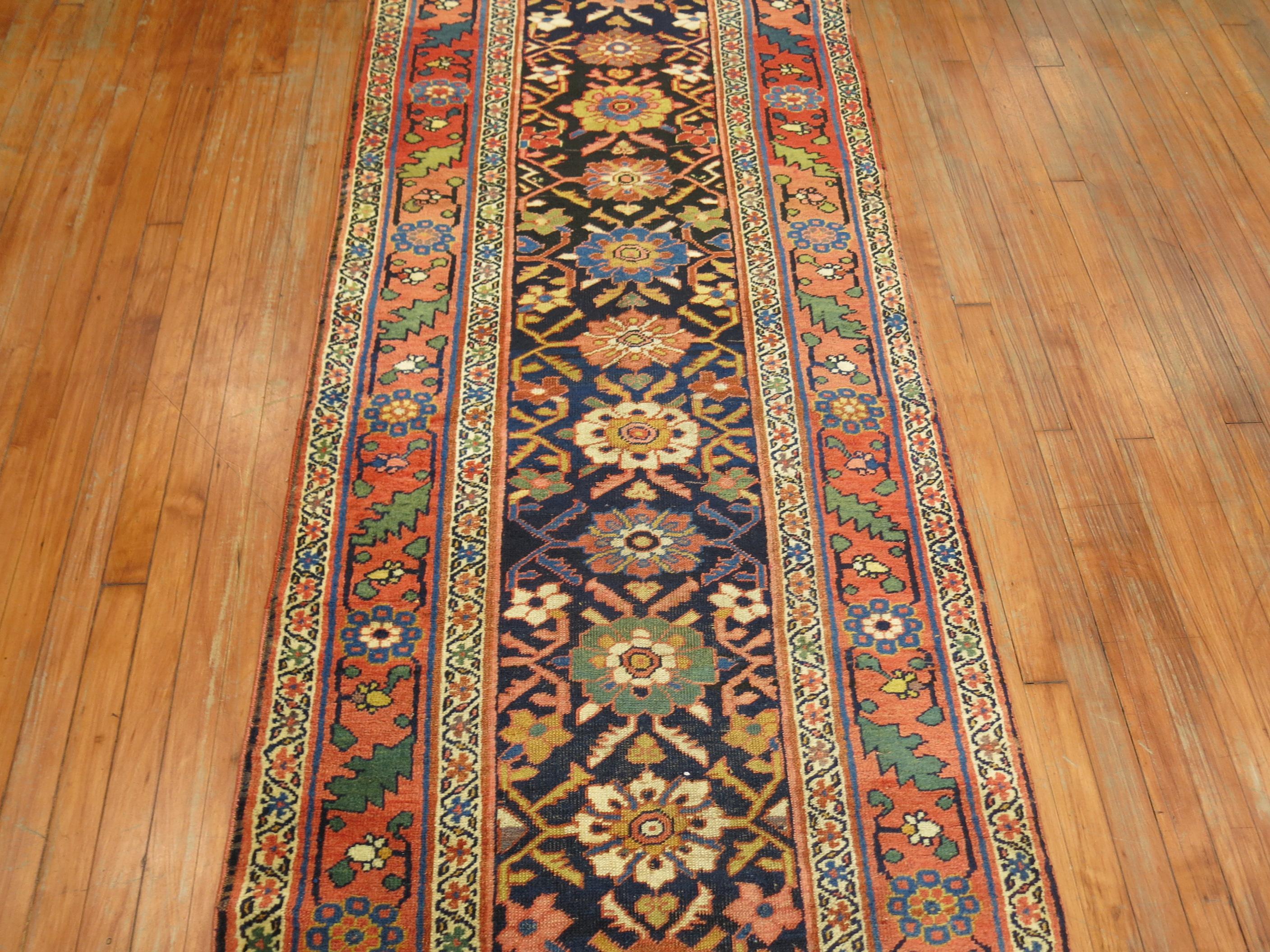 Wool Zabihi Collection Bidjar Antique Persian Long Runner For Sale