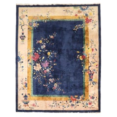 Zabihi Collection Blue Floral Chinese Art Deco Carpet, 7' x 8'9''