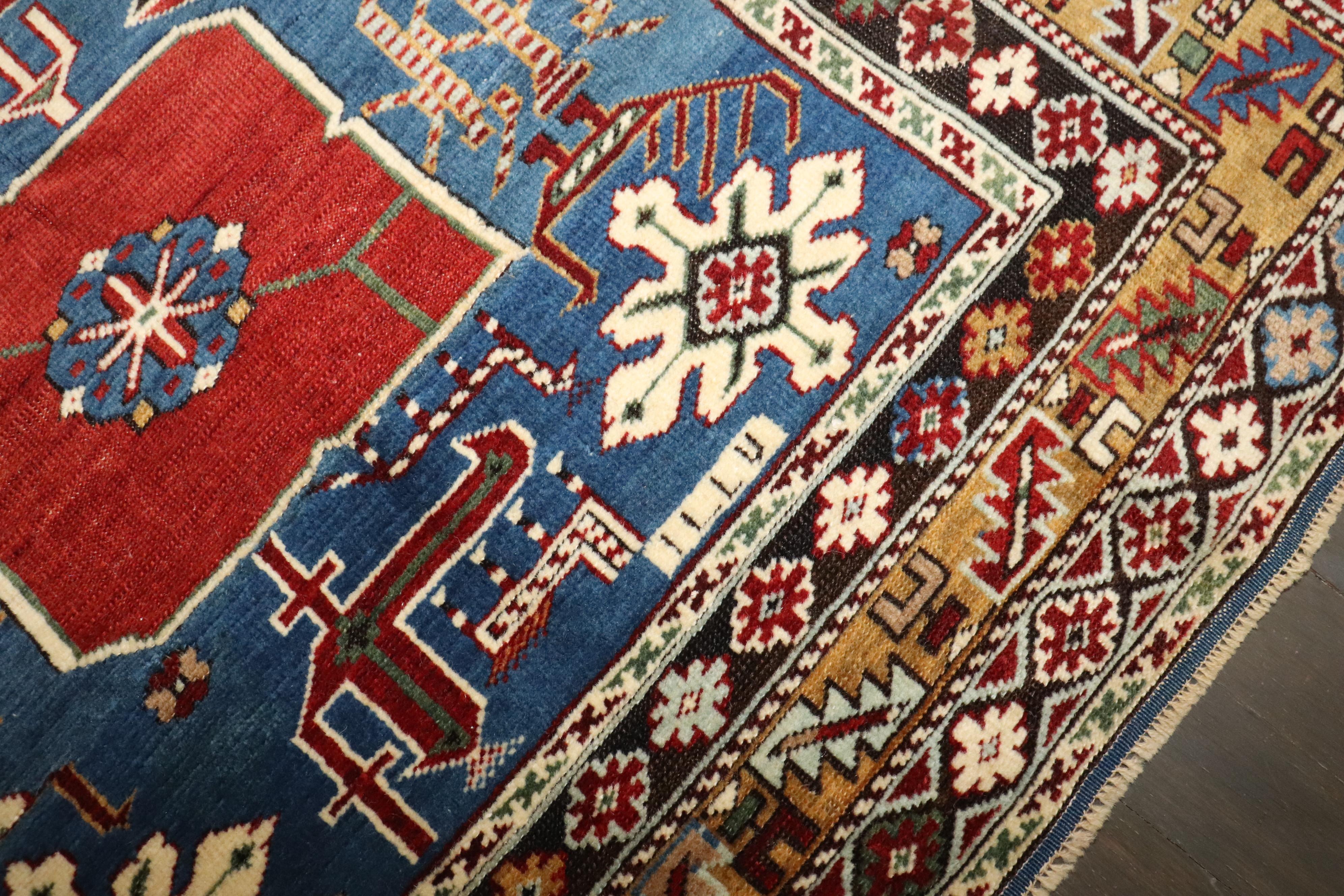 Hand-Knotted Zabihi Collection Blue Karaghashli Caucasian 19th century rug Rug For Sale
