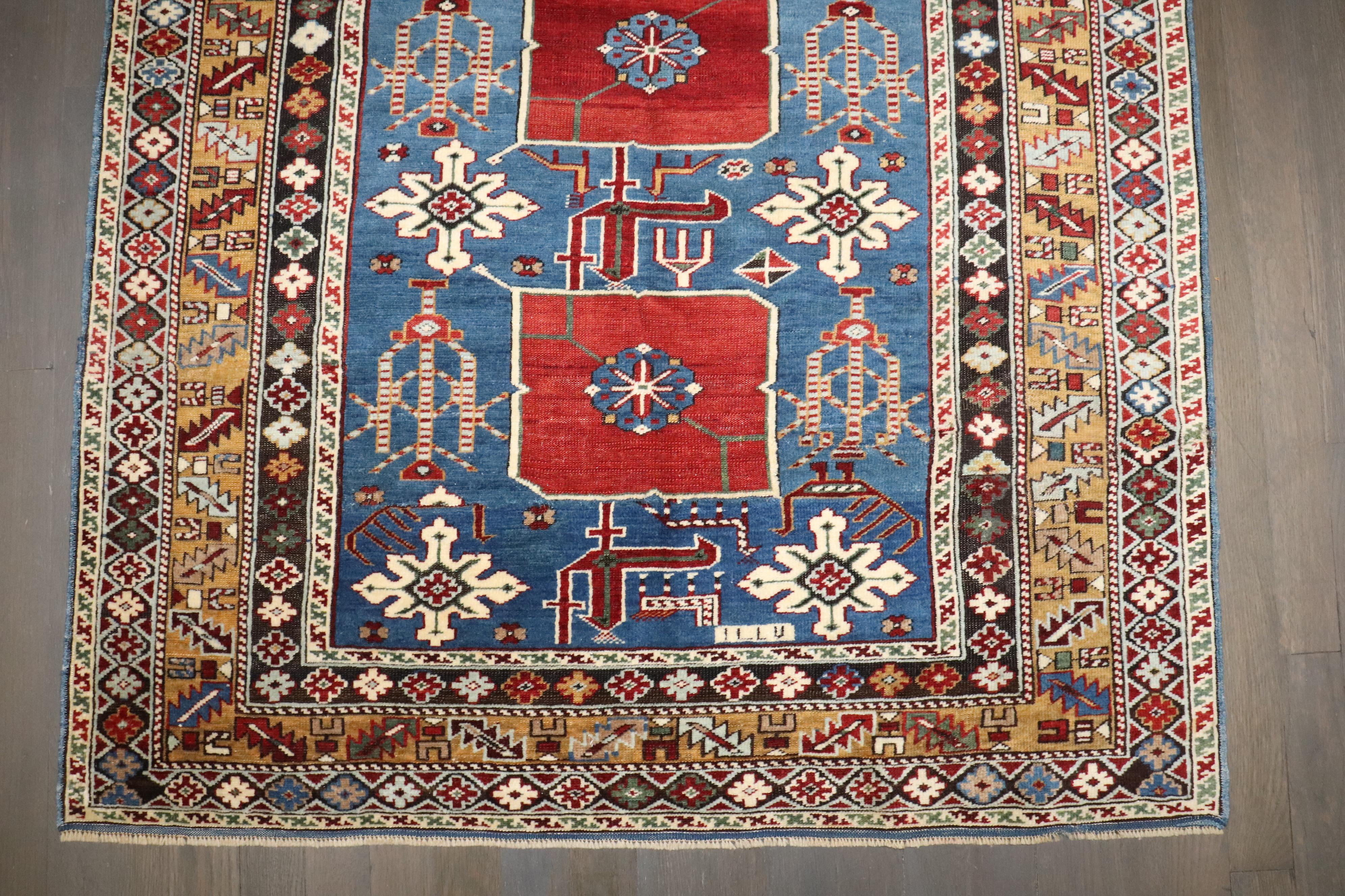 Zabihi Collection Blue Karaghashli Caucasian 19th century rug Rug In Good Condition For Sale In New York, NY